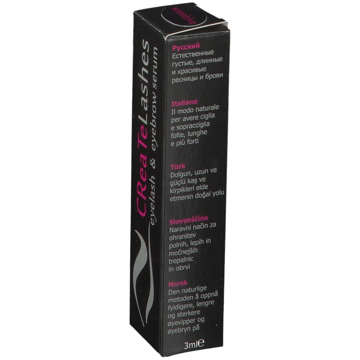 Emballage avec texte en plusieurs langues. Nom du produit: CReaTeLashes eyelash & eyebrow serum. En haut: sensitive.