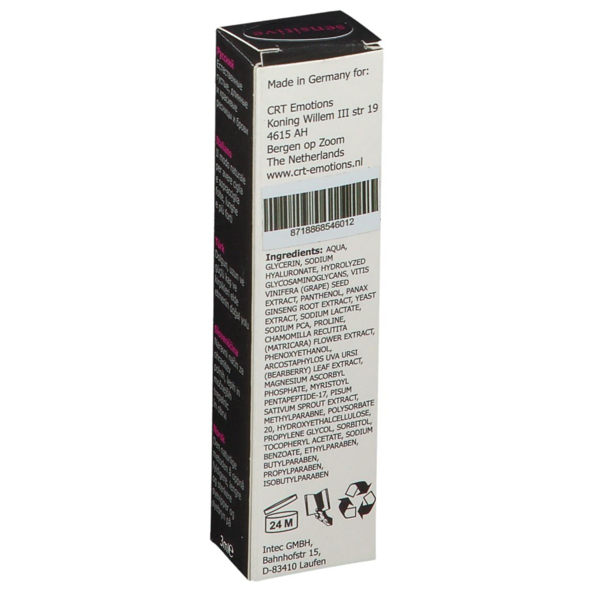 Emballage avec ingrédients et informations fabricant. Texte: Ingredients, Made in Germany for CRT Emotions.