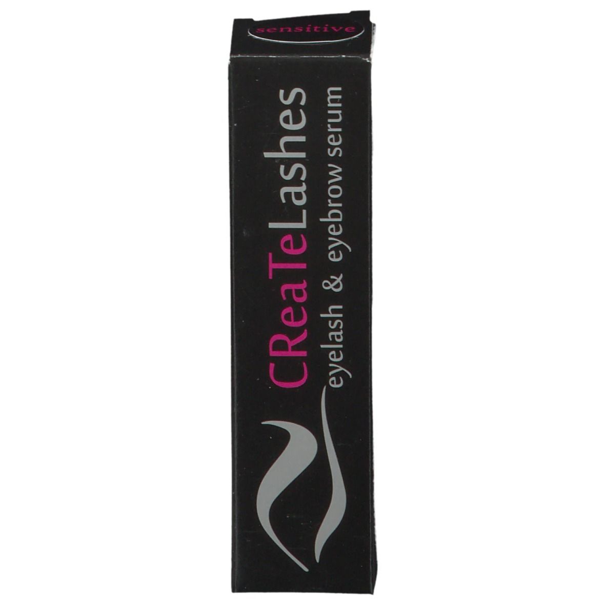 Boîte noire avec nom du produit et logo. Texte: CReaTeLashes eyelash & eyebrow serum. En haut: sensitive.