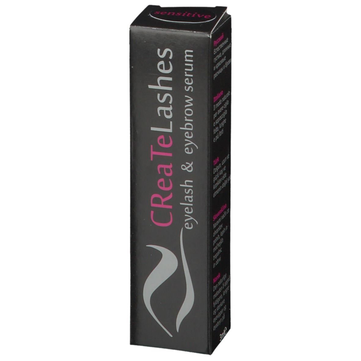Boîte noire avec nom du produit et logo. Texte: CReaTeLashes eyelash & eyebrow serum. En haut: sensitive.