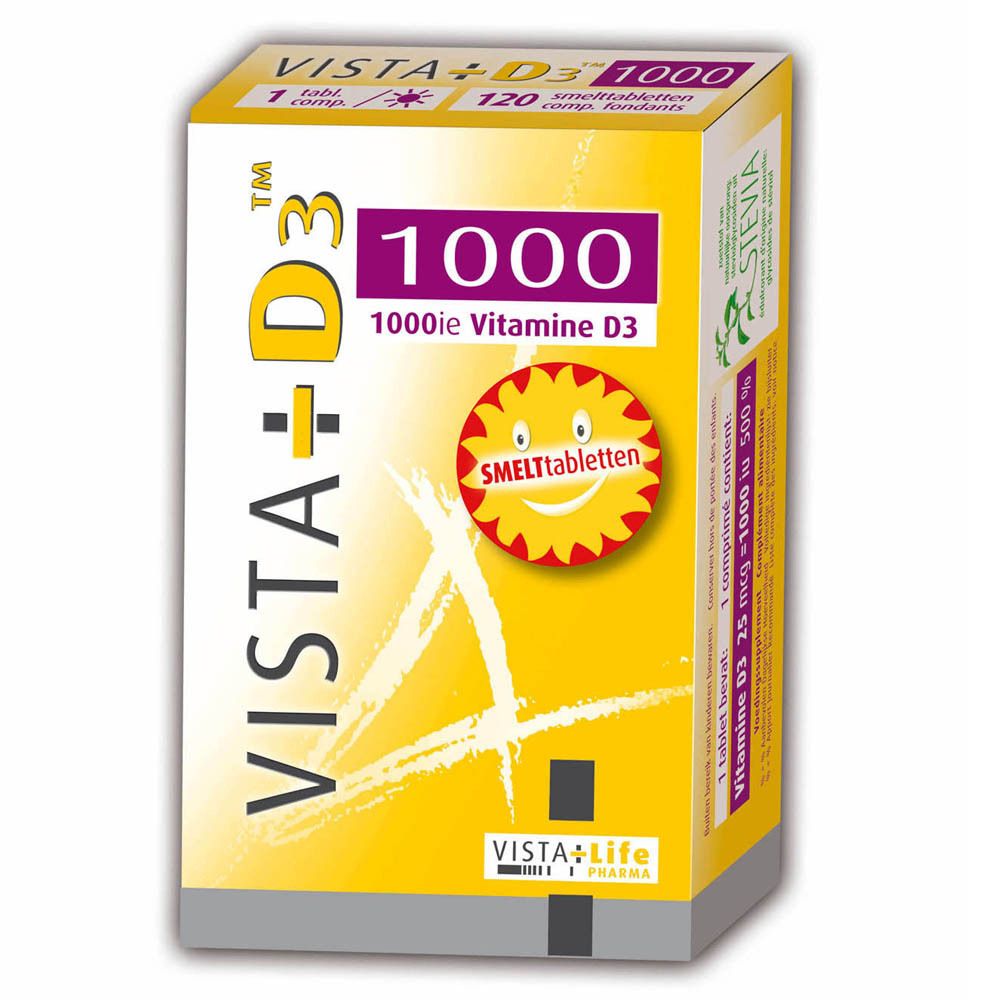 Kartonnen verpakking met VISTA-D3 1000, 120 smelttabletten. Geel, wit en roze. Stevia-logo.