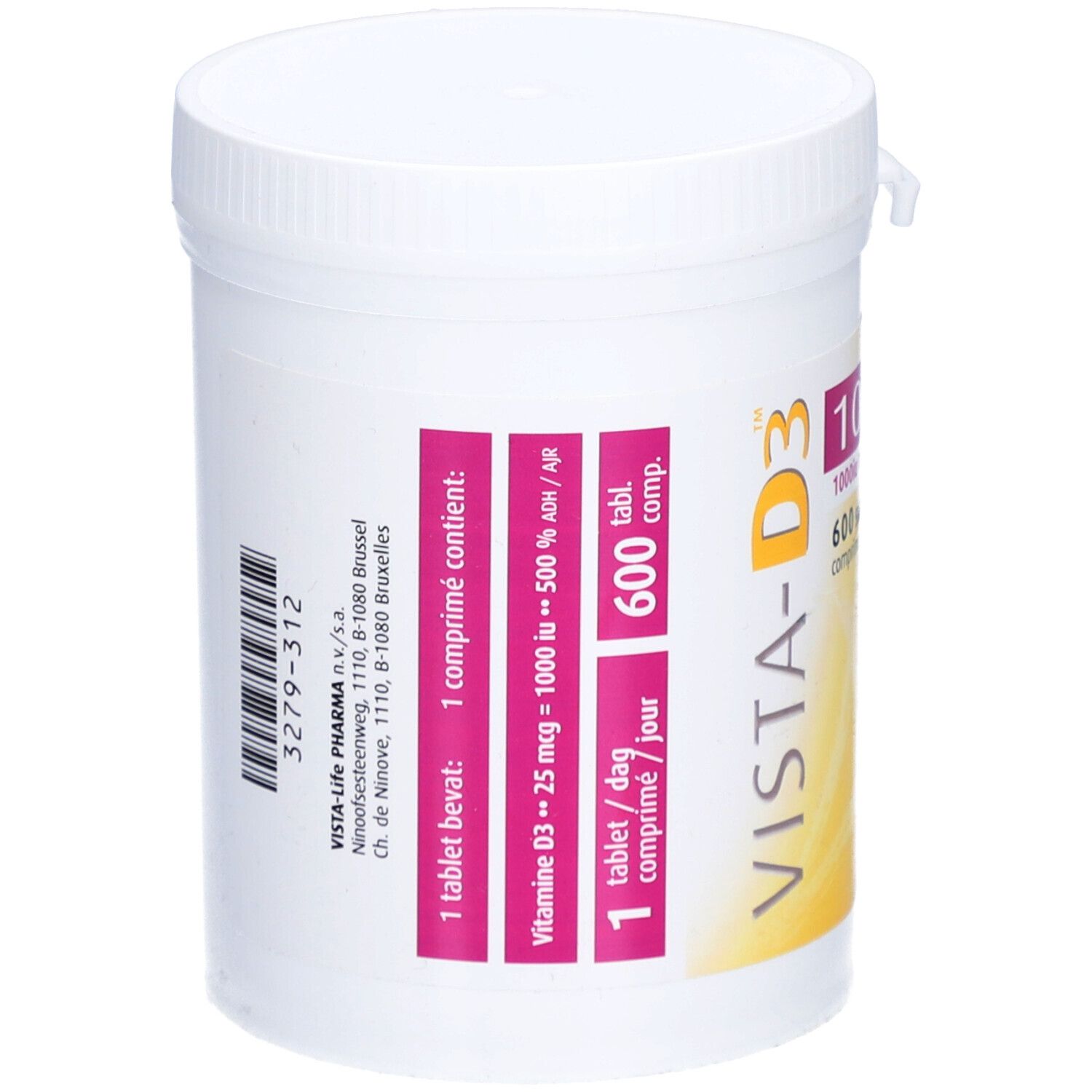 Witte pot met deksel. Etiket met VISTA-D3, informatie over ingrediënten en dosering. Roze en gele accenten.
