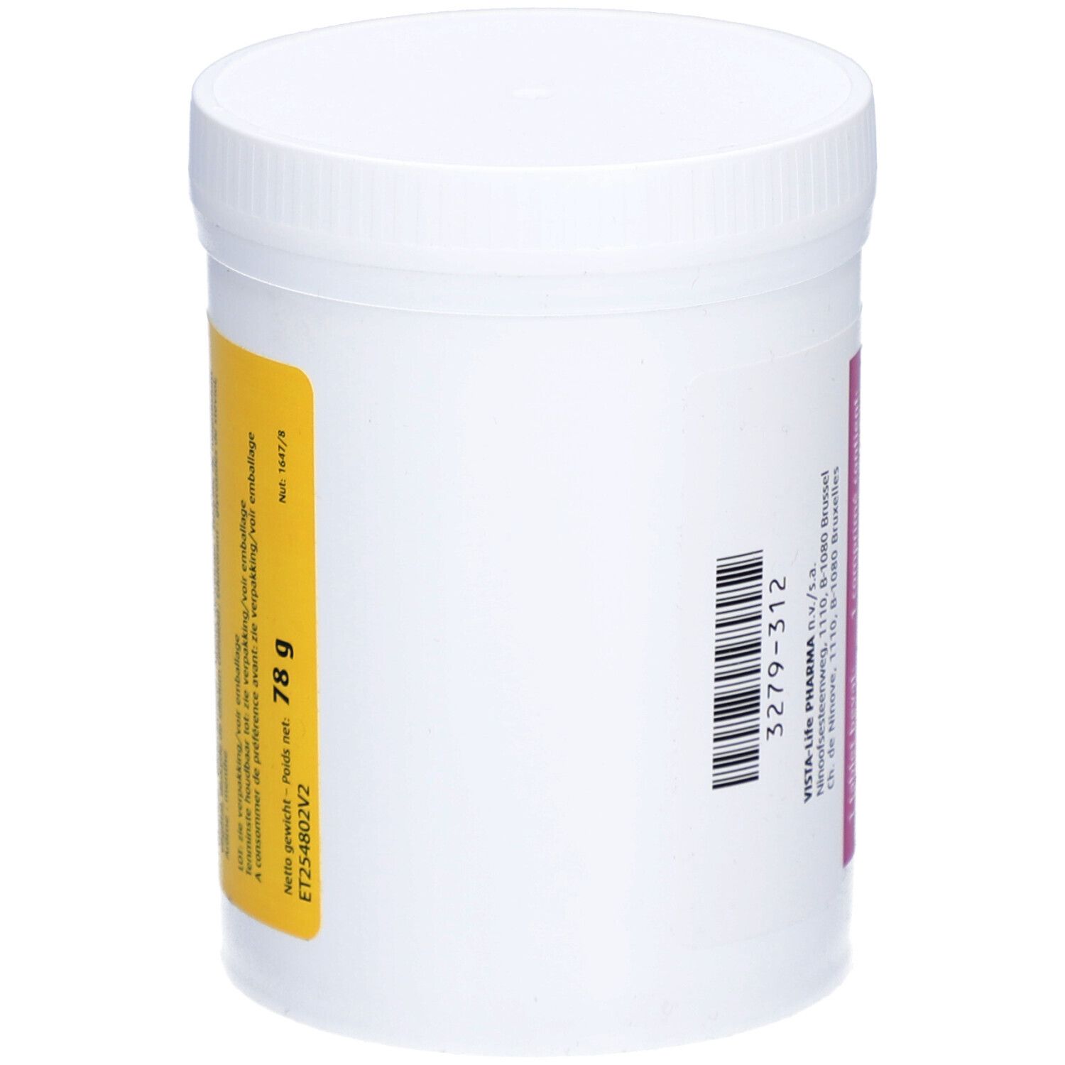 Witte pot met deksel. Etiket met informatie over ingrediënten en gewicht: 78 g. Gele en roze accenten.