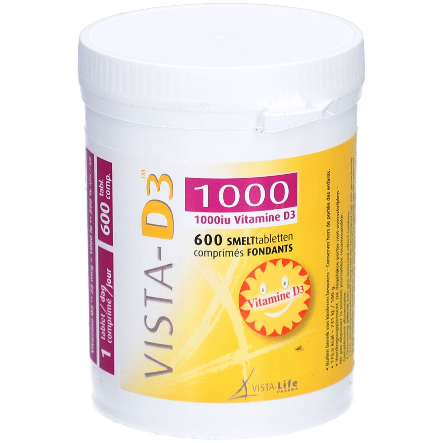 Witte pot met deksel. Etiket met VISTA-D3 1000, 600 smelttabletten, vitamine D3. Gele achtergrond.