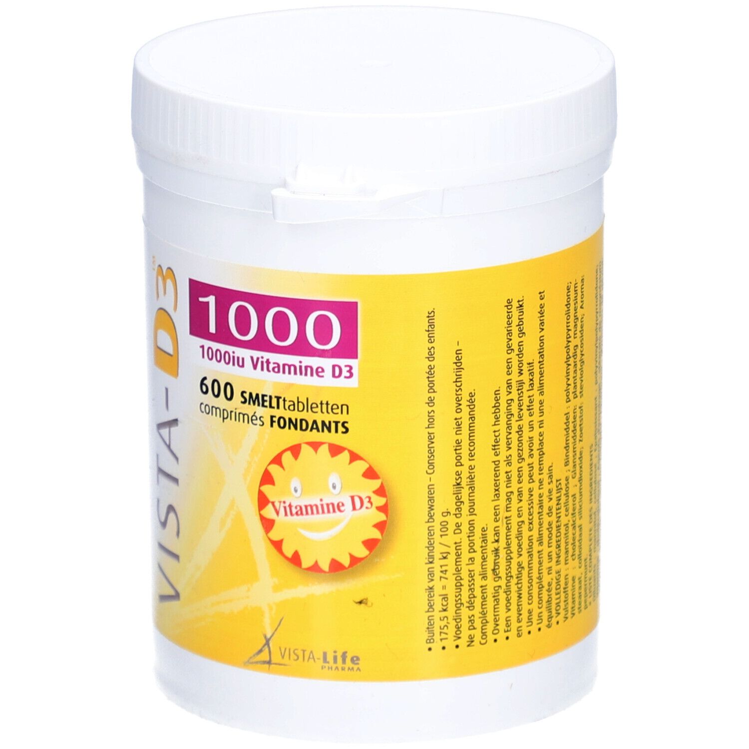 Witte pot met deksel. Etiket met VISTA-D3 1000, 600 smelttabletten, vitamine D3. Gele achtergrond.