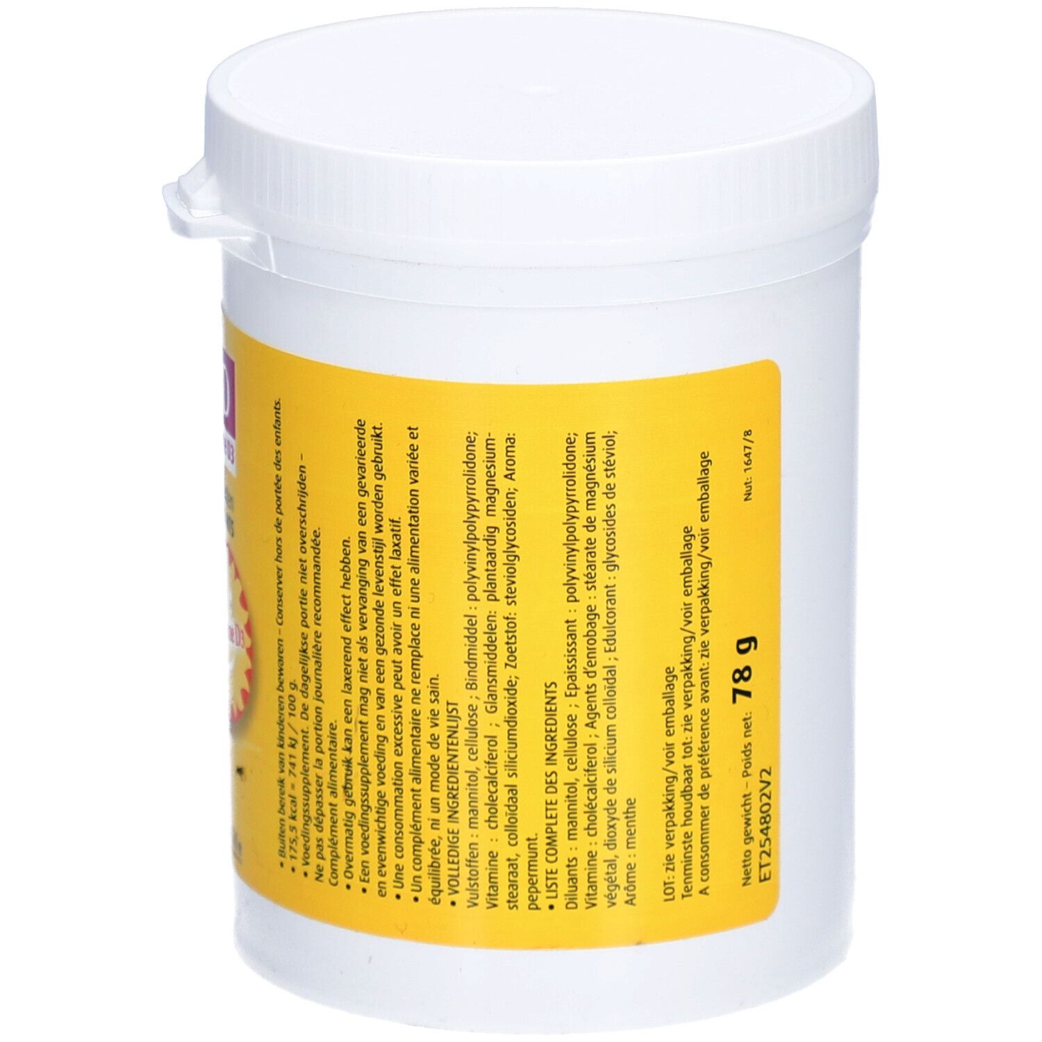 Witte pot met deksel. Etiket met informatie over ingrediënten en gewicht: 78 g. Gele en roze accenten.
