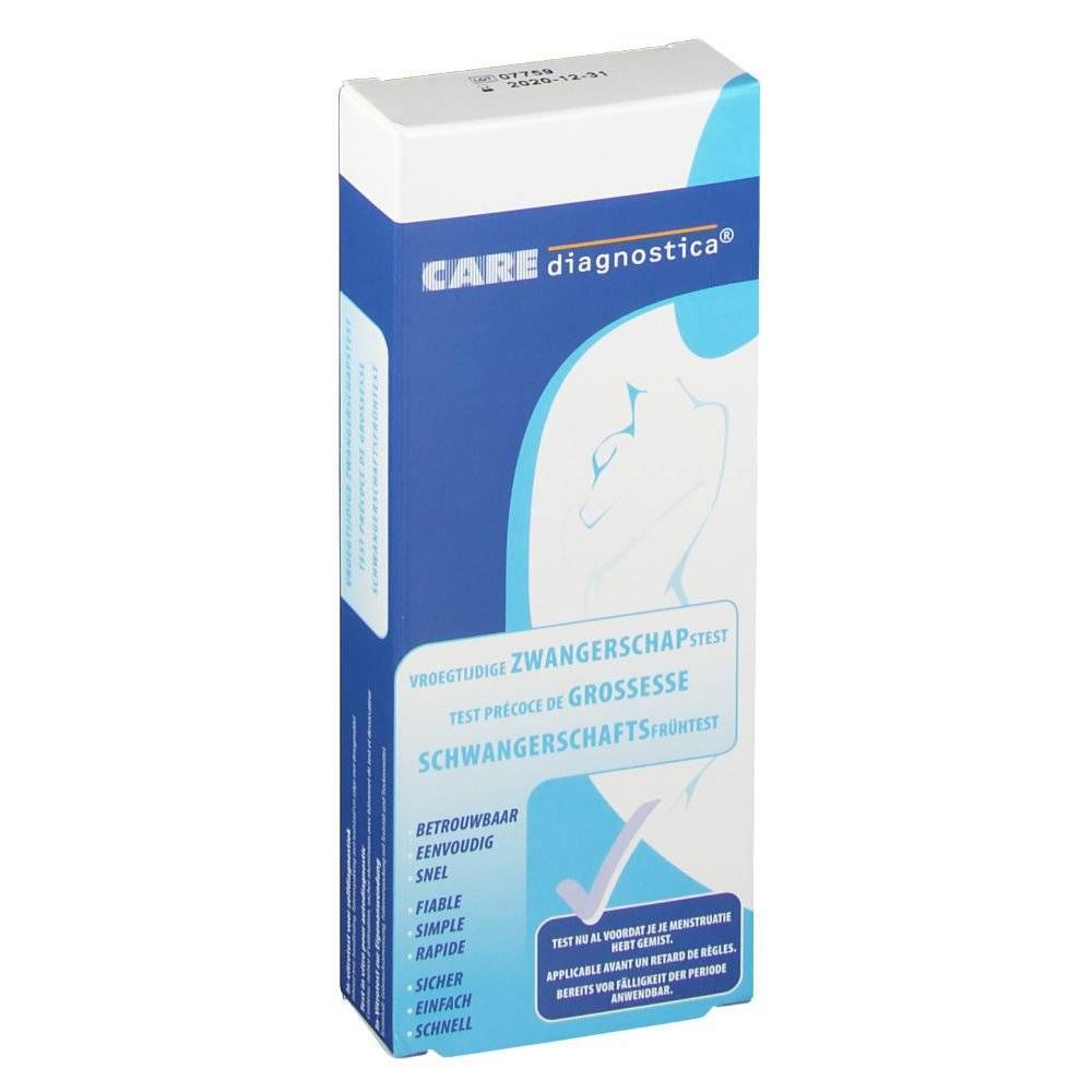 Emballage du test de grossesse précoce CARE diagnostica®. Boîte bleue et blanche avec nom du produit et silhouette féminine.