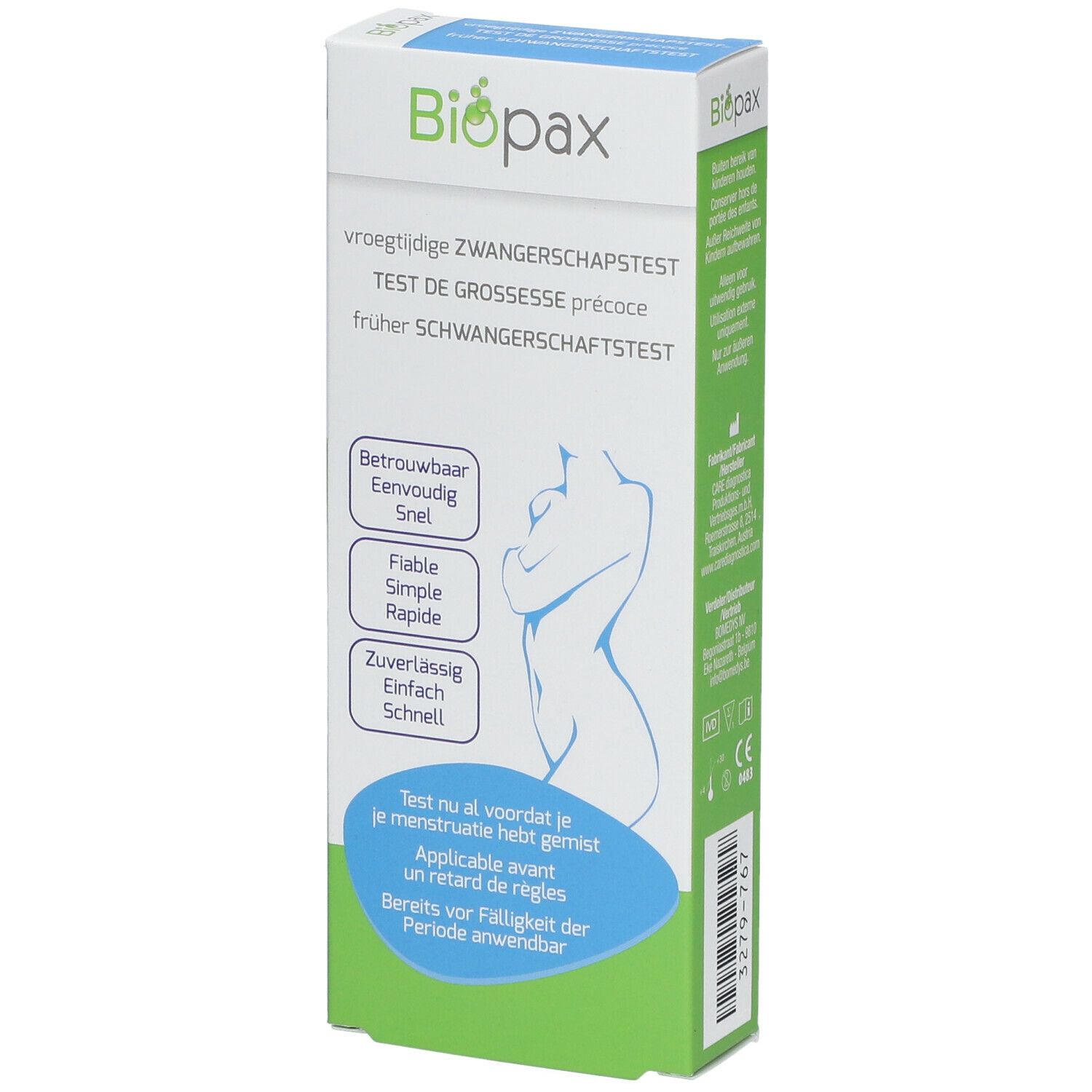 Emballage du test de grossesse Biopax. Boîte verte et blanche avec nom du produit, silhouette féminine et informations.