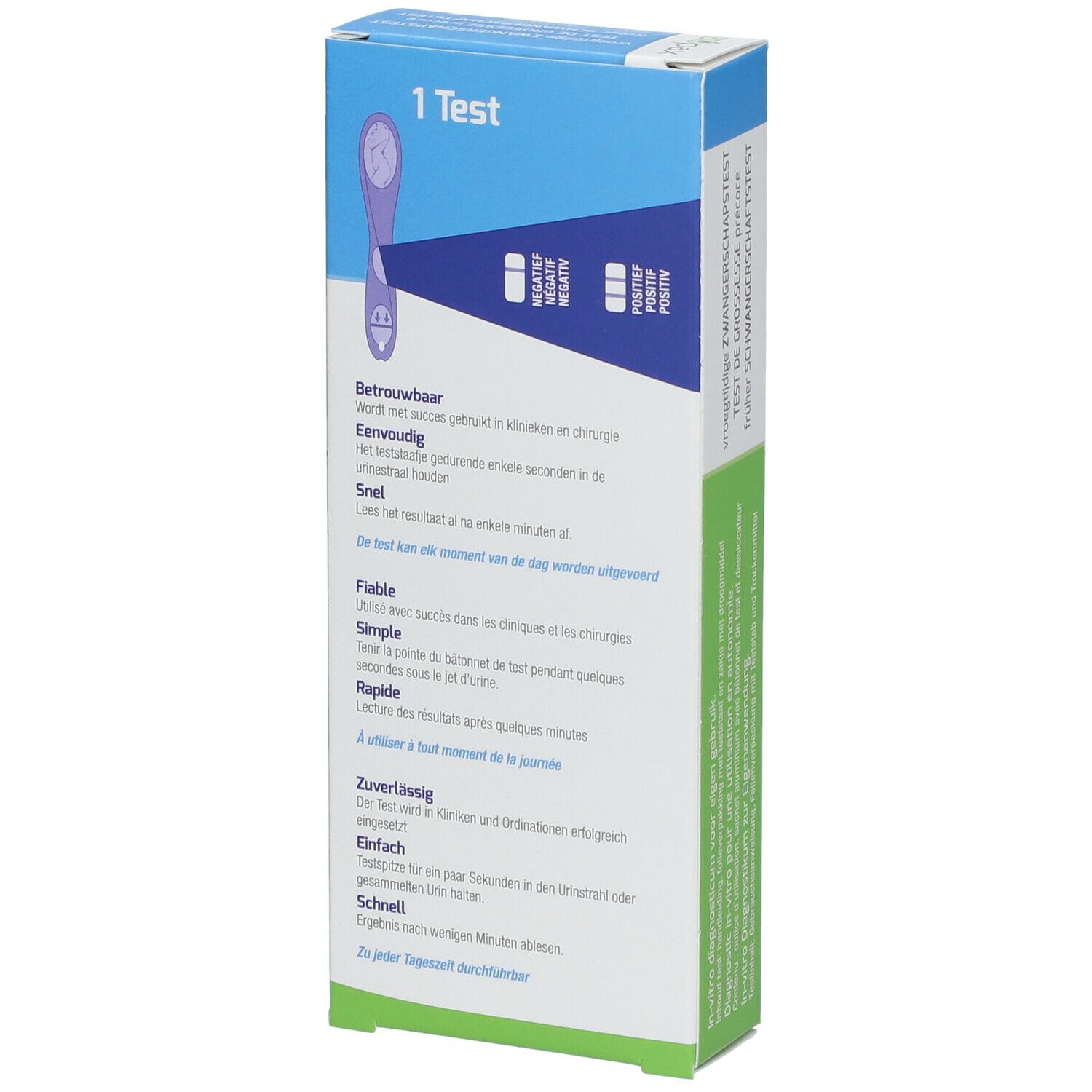 Dos de l'emballage du test de grossesse Biopax. Contient des informations sur le produit, un symbole de test et du texte multilingue.