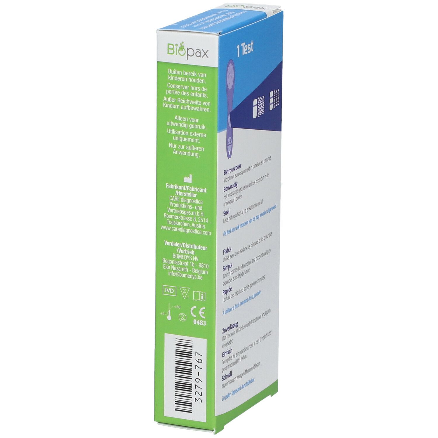 Vue latérale de l'emballage du test de grossesse Biopax. Contient des informations sur le produit, marquage CE et numéro de lot.
