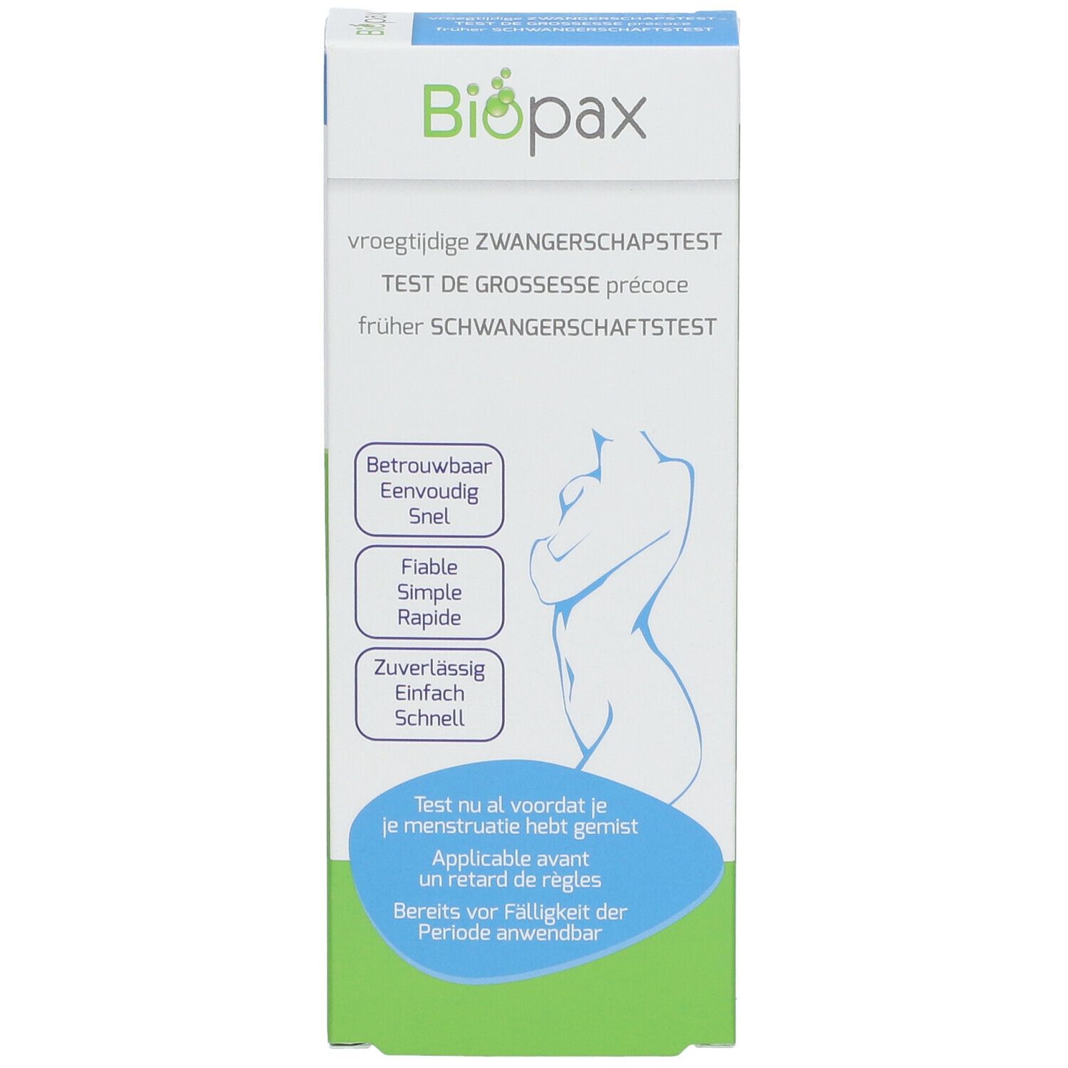 Emballage du test de grossesse Biopax. Boîte verte et blanche avec nom du produit, silhouette féminine et informations.