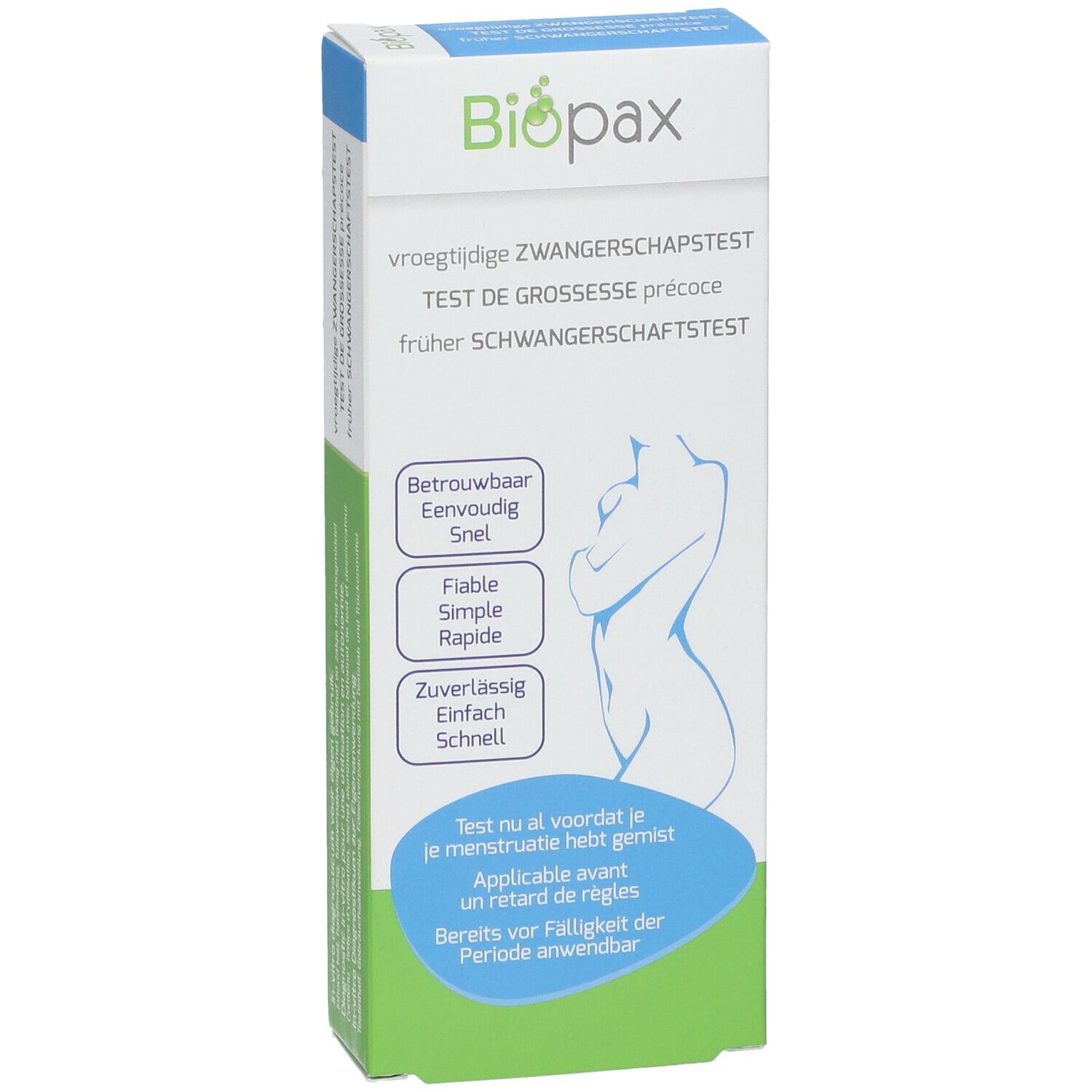 Emballage du test de grossesse Biopax. Boîte verte et blanche avec nom du produit, silhouette féminine et informations.