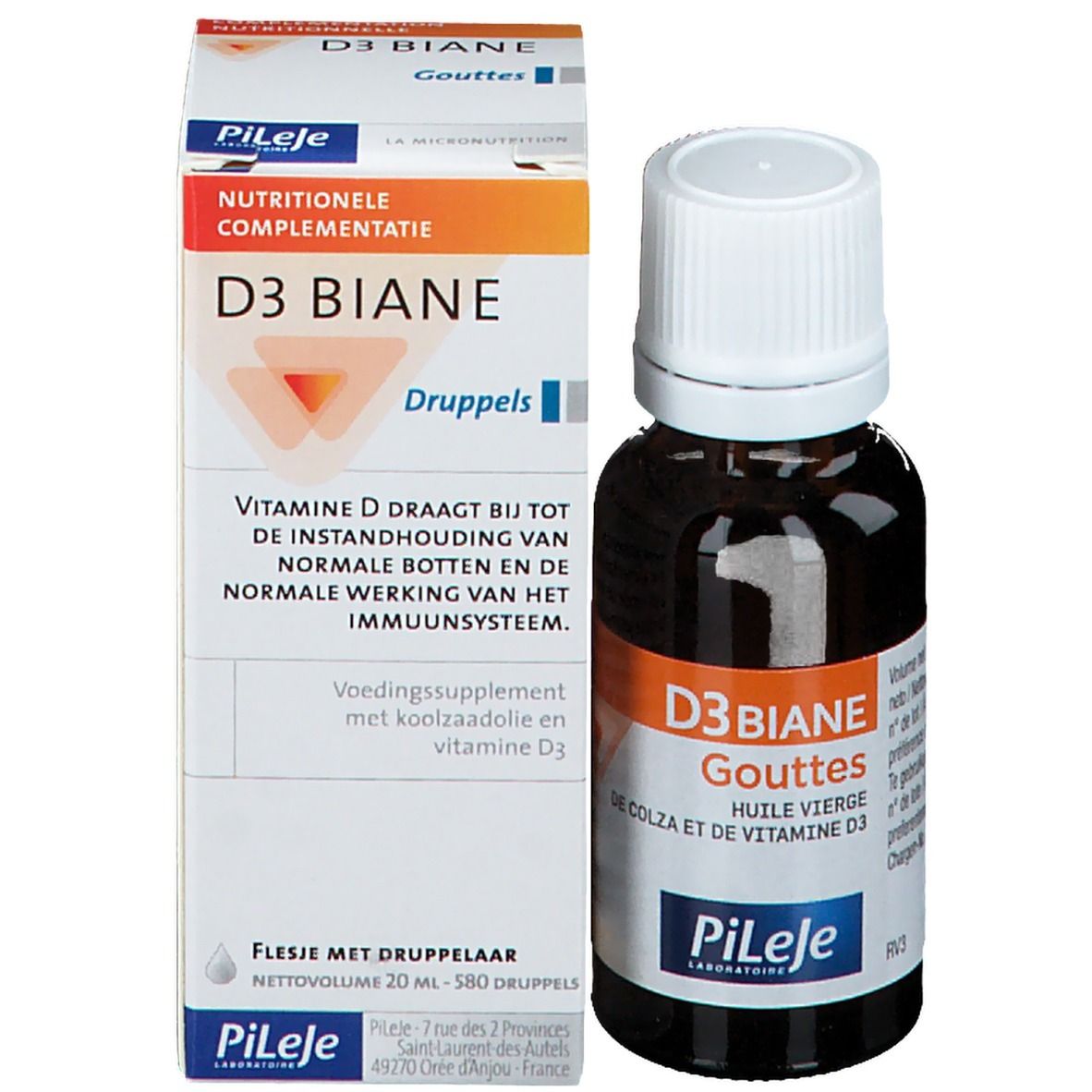 Flacon et emballage du produit. Emballage avec nom et informations du produit. Marque Pileje.