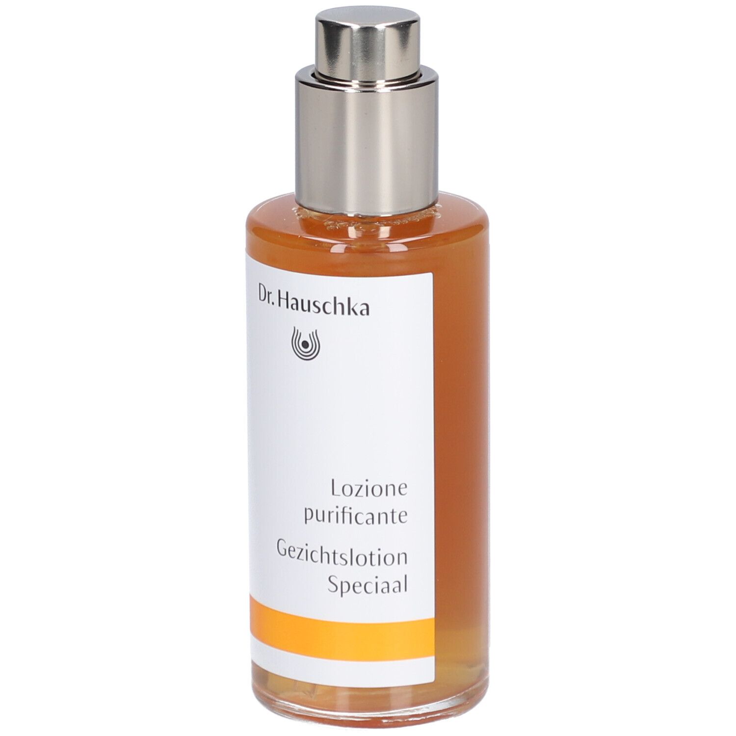 Glasflasche mit brauner Flüssigkeit und silbernem Sprühkopf. Etikett mit Dr. Hauschka Logo und Produktbezeichnung.