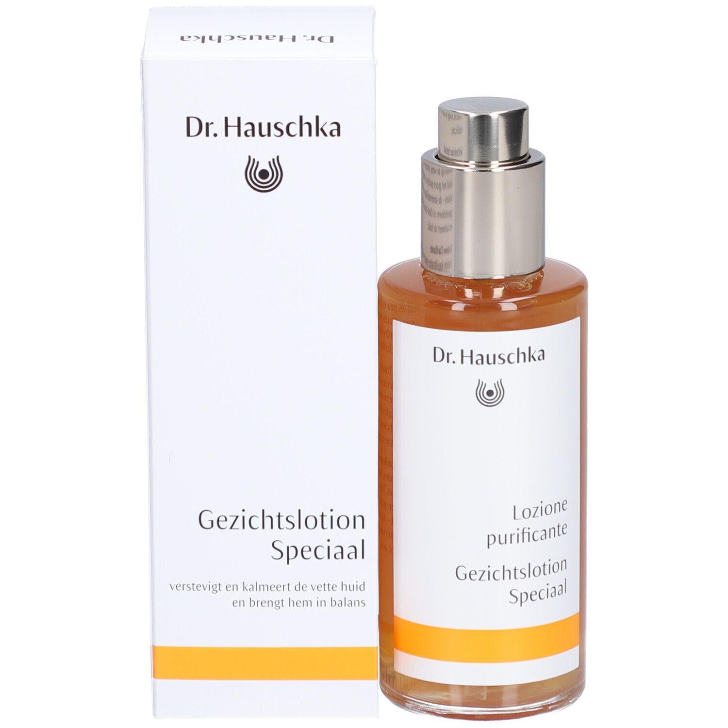 Glasflasche mit brauner Flüssigkeit und silbernem Sprühkopf, neben weißer Verpackung. Auf der Verpackung steht Dr. Hauschka.
