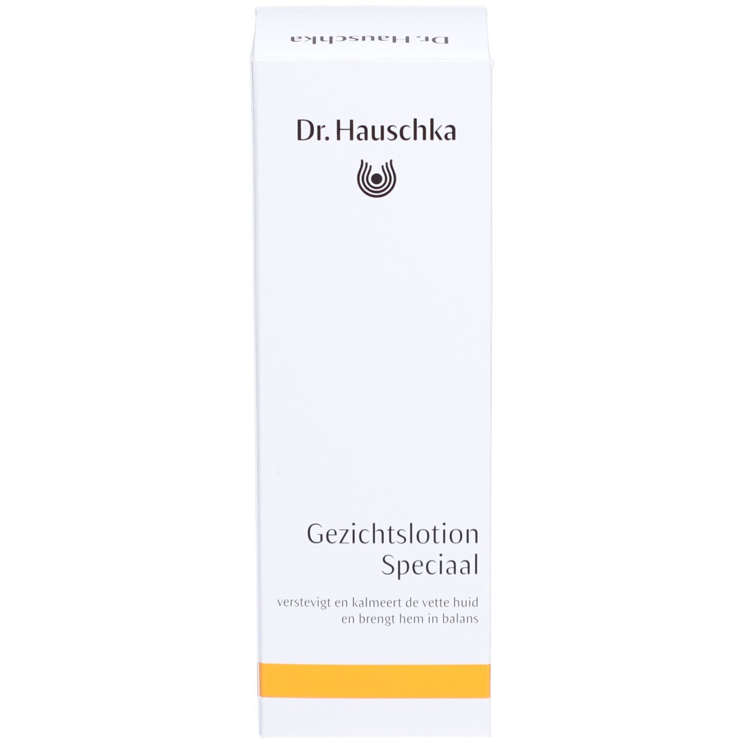 Hohe, weiße Verpackung mit Dr. Hauschka Logo und Produktbezeichnung. Gelber Streifen am unteren Rand.