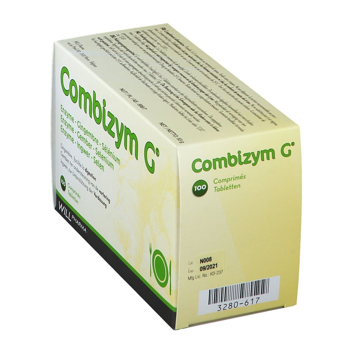 Boîte Combizym G en biais. Inscription : 100 comprimés. Code-barres et date de péremption. Marque : WILL Pharma.