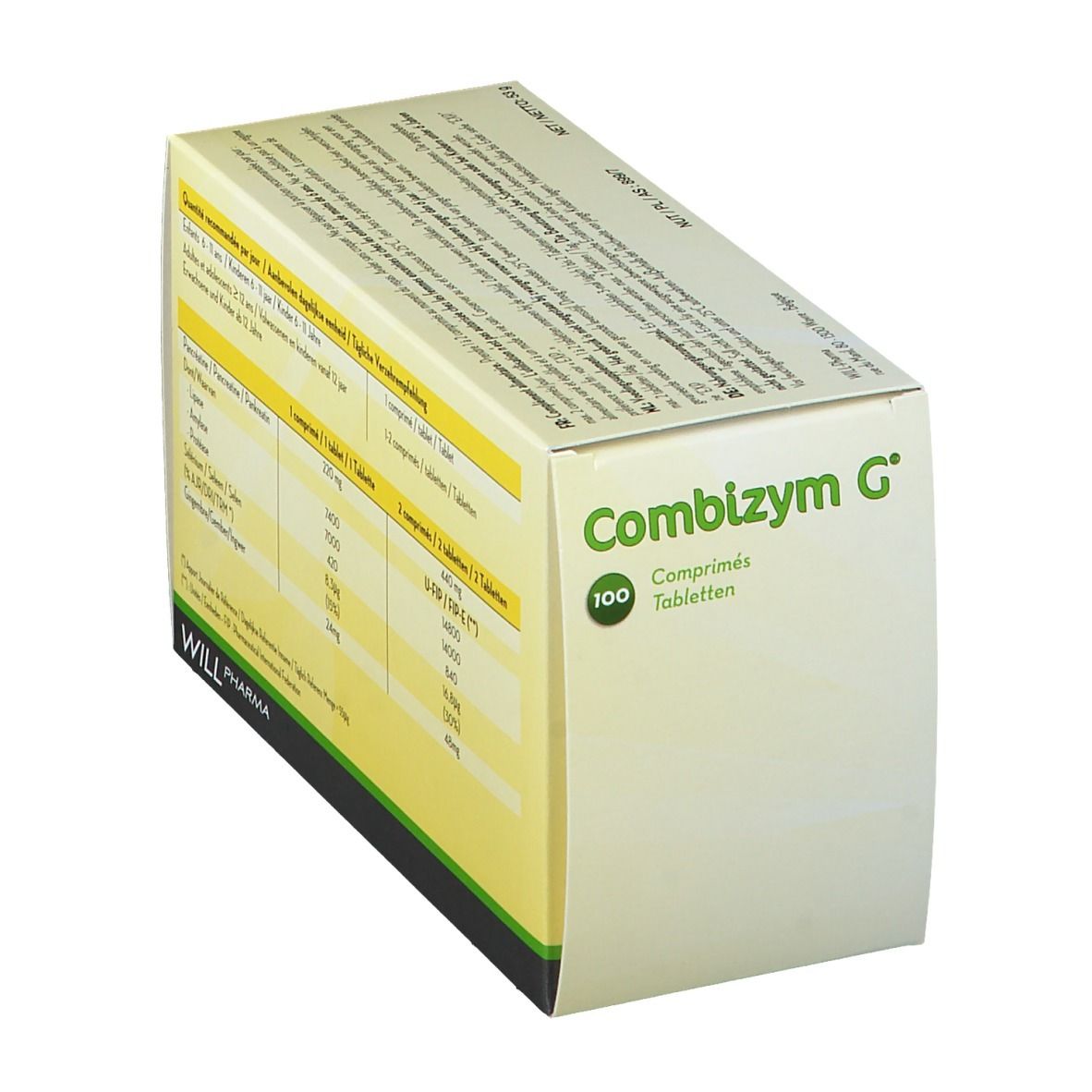 Emballage Combizym G en biais. Inscription : 100 comprimés. Marque : WILL Pharma. Texte avec ingrédients.
