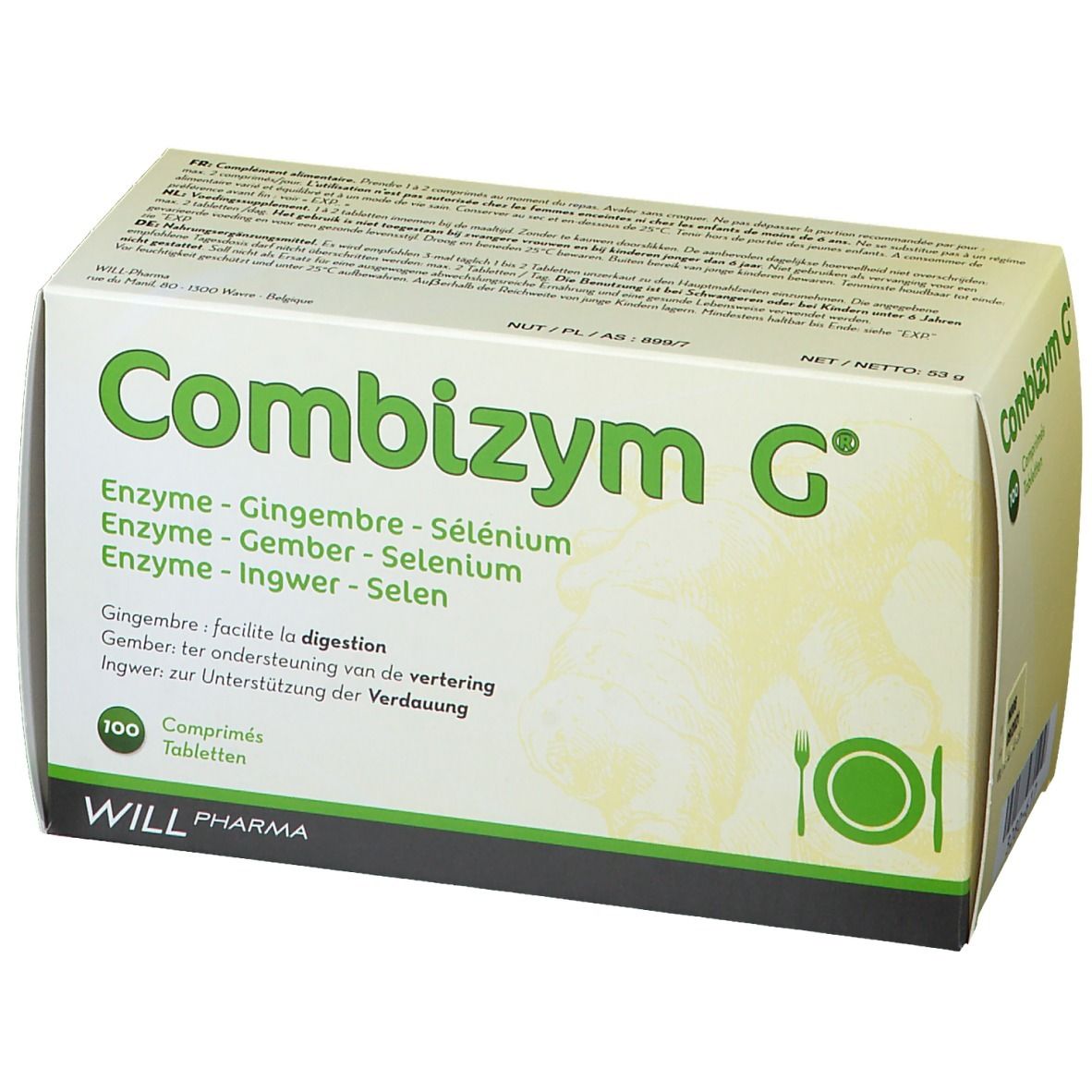 Boîte Combizym G. Inscription : Enzyme, Gingembre, Sélénium. 100 comprimés. Logo : fourchette et couteau. Marque : WILL Pharma.