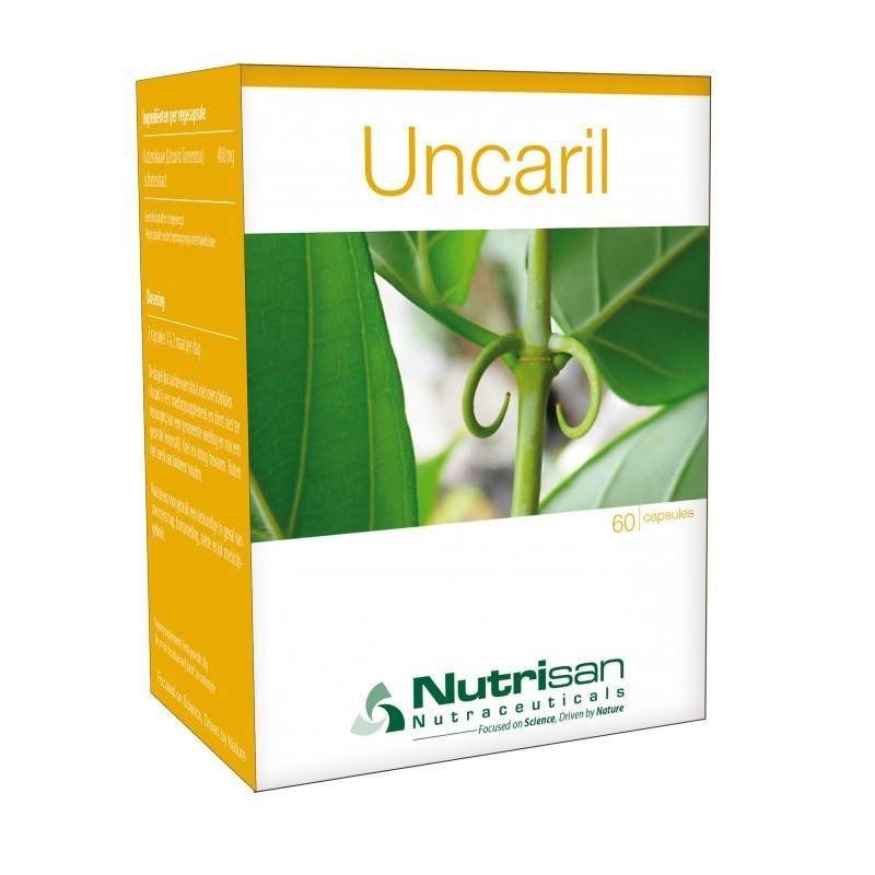 Boîte jaune "Uncaril" avec image de plante et logo "Nutrisan". Contient 60 capsules.