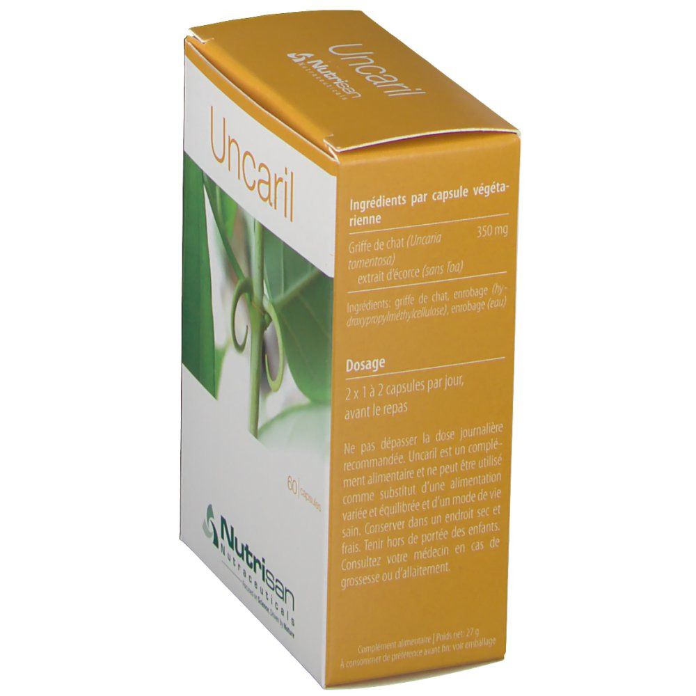 Boîte jaune "Uncaril". Dos avec ingrédients et dosage. Logo "Nutrisan".