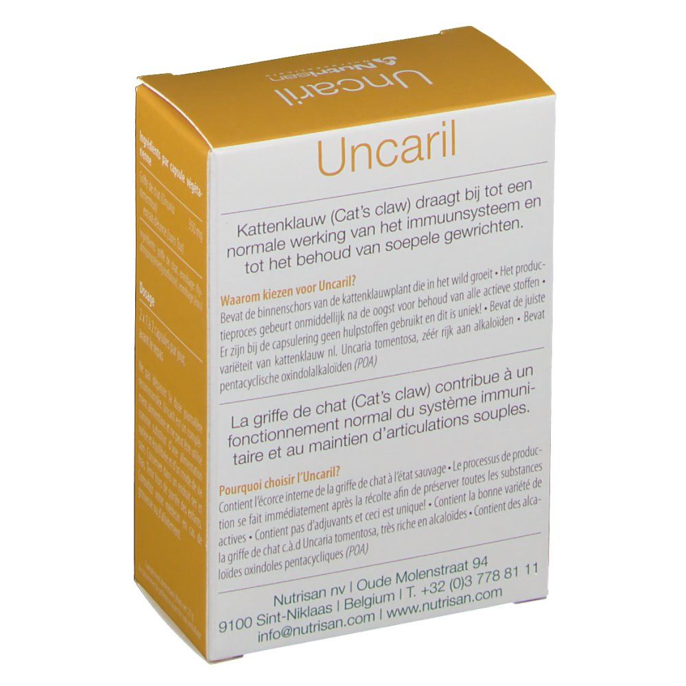 Boîte jaune "Uncaril". Texte sur l'Uncaria. Logo "Nutrisan".