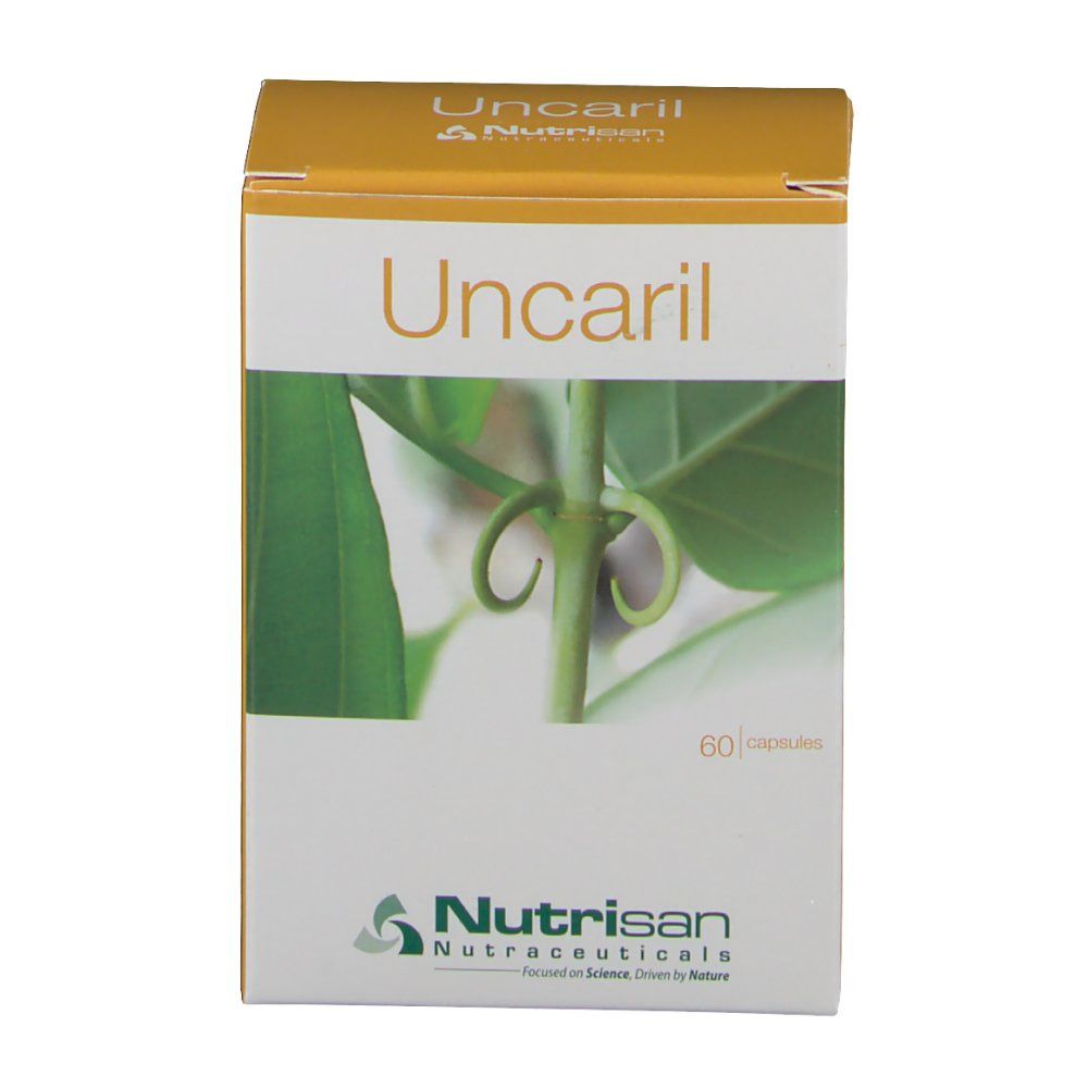 Boîte jaune "Uncaril" avec image de plante. Logo "Nutrisan". 60 capsules.
