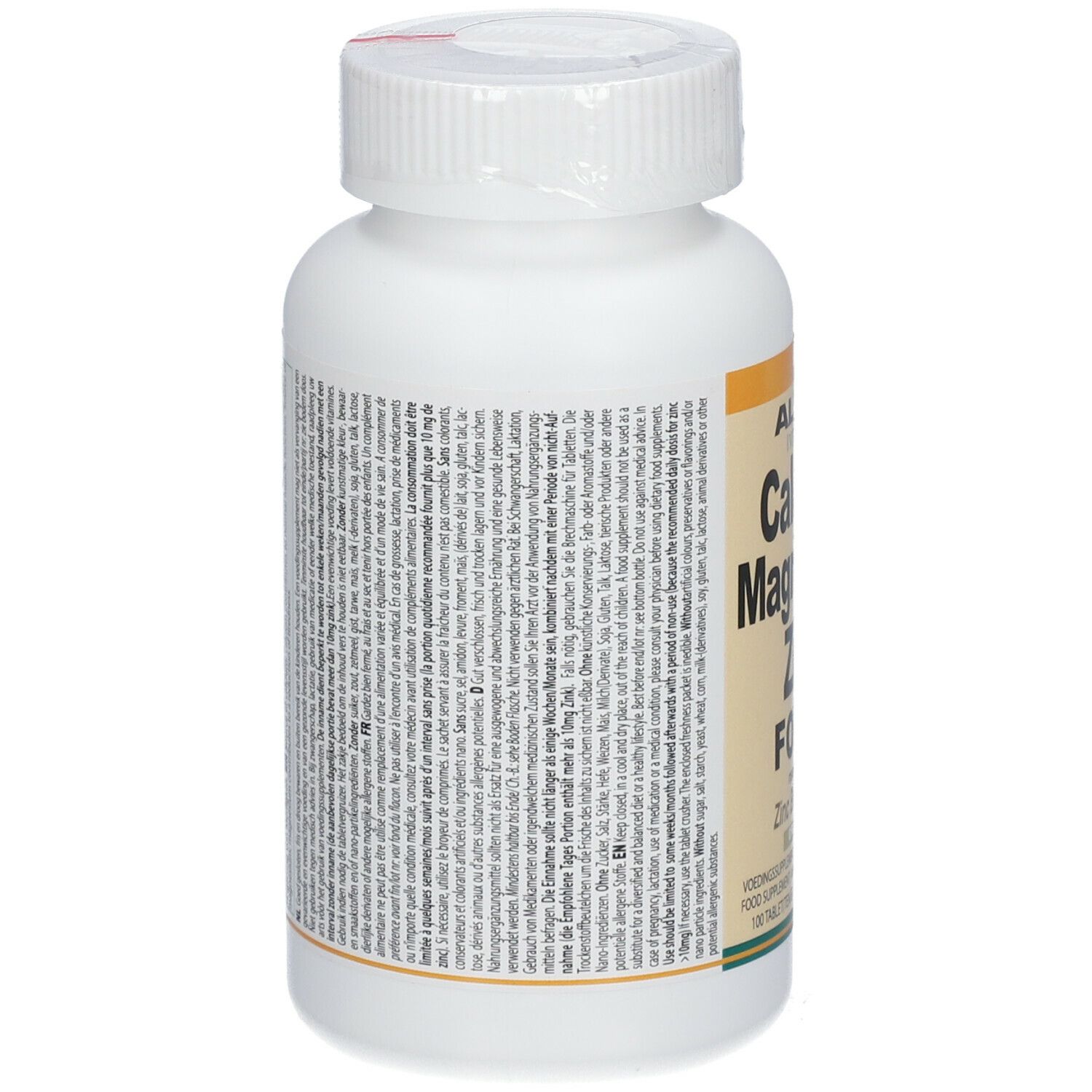Weiße Flasche mit Text. Rückseite von Altisa Calcium Magnesium Zink Forte. Text in mehreren Sprachen.