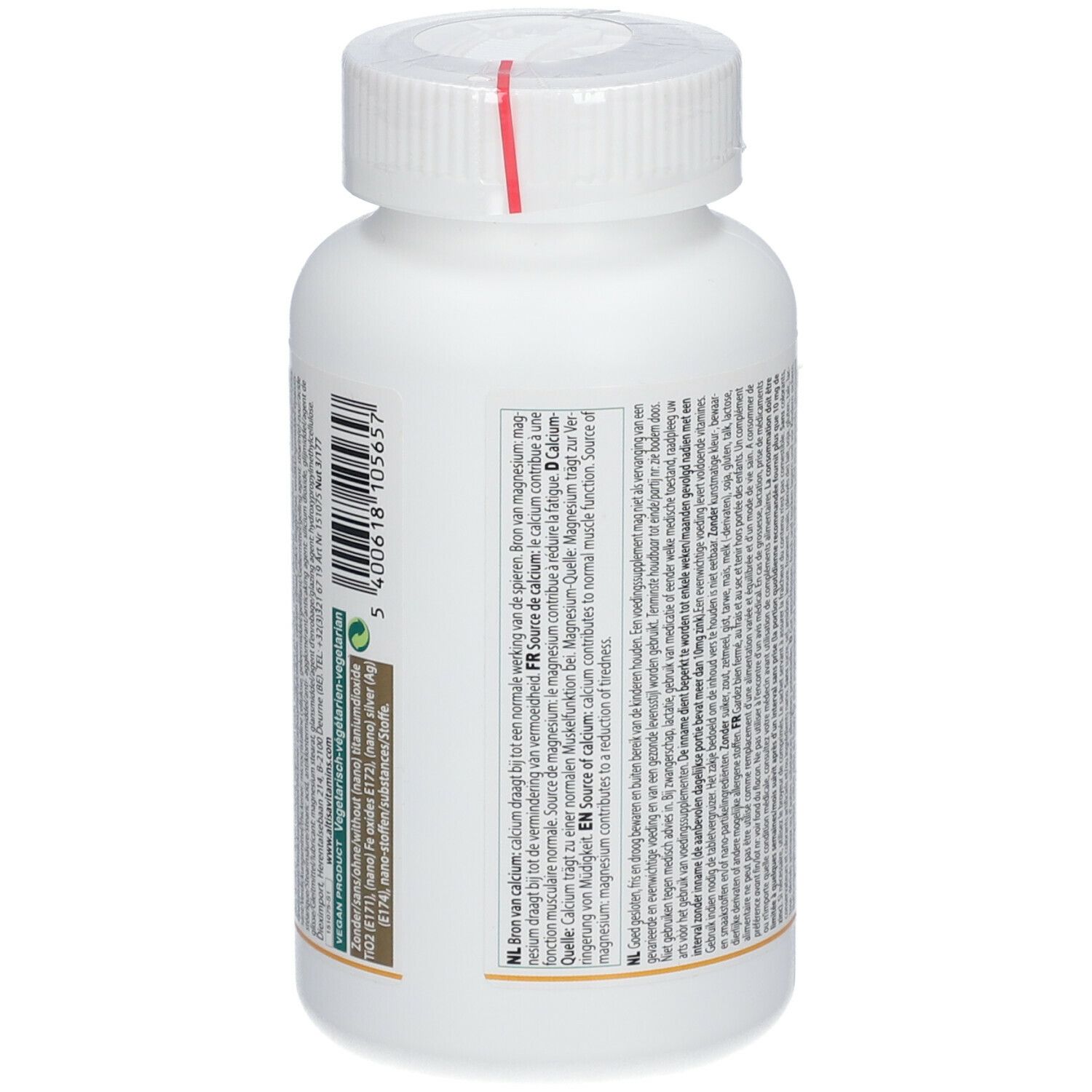 Rückseite einer weißen Flasche. Text in mehreren Sprachen. Produkt: Altisa Calcium Magnesium Zink Forte.
