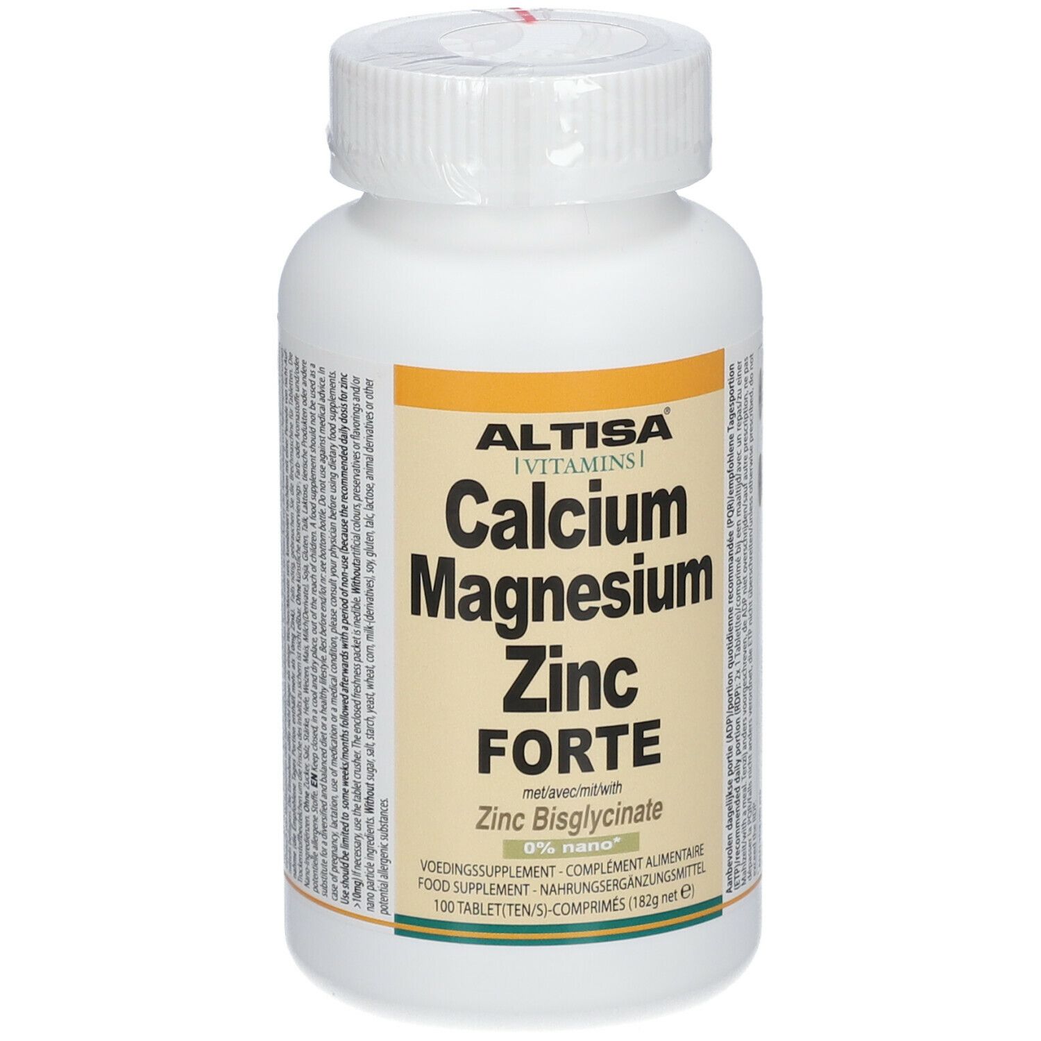Weiße Flasche mit gelbem Etikett. Aufschrift: Altisa Calcium Magnesium Zink Forte. 100 Tabletten.