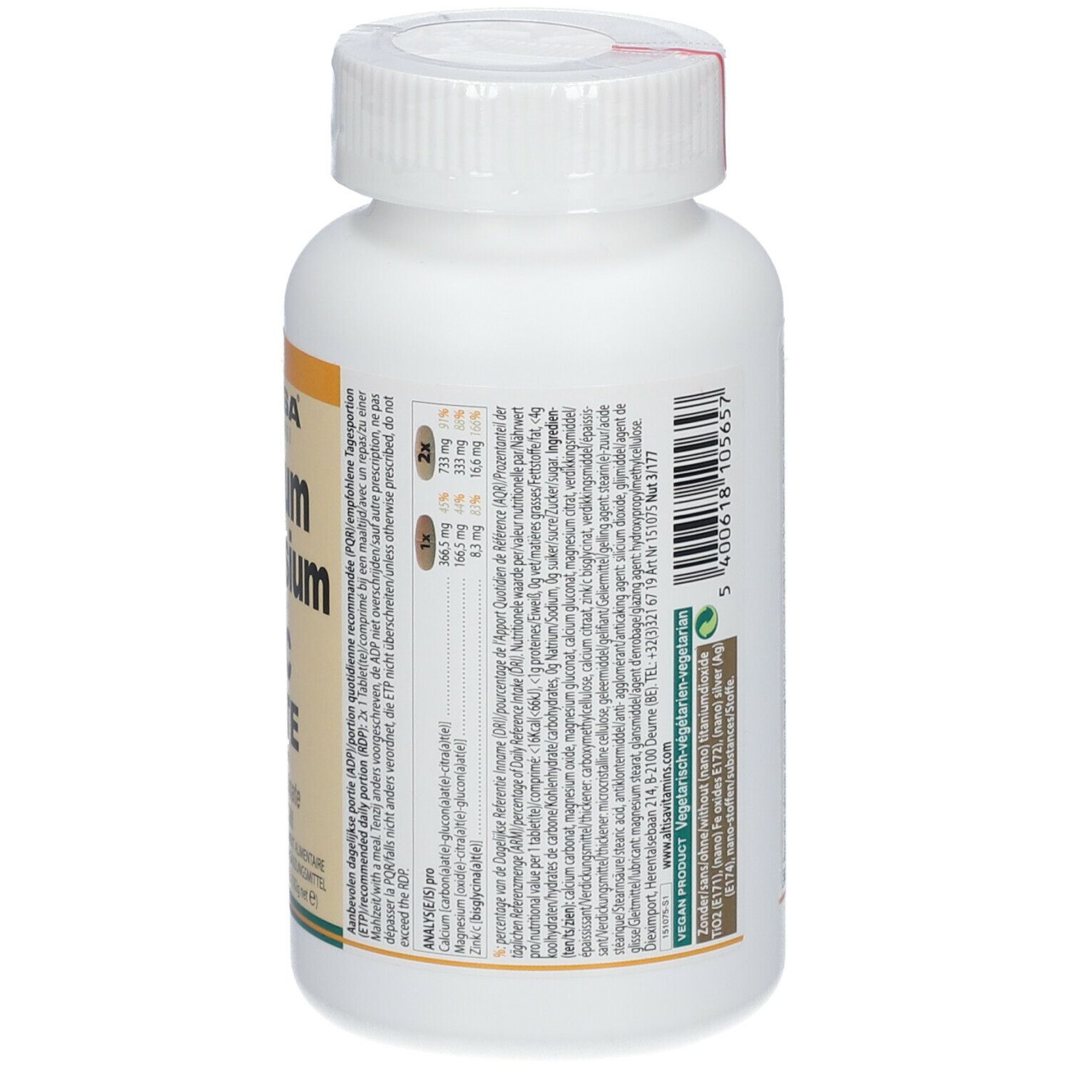 Rückseite einer weißen Flasche. Text in mehreren Sprachen. Produkt: Altisa Calcium Magnesium Zink Forte.