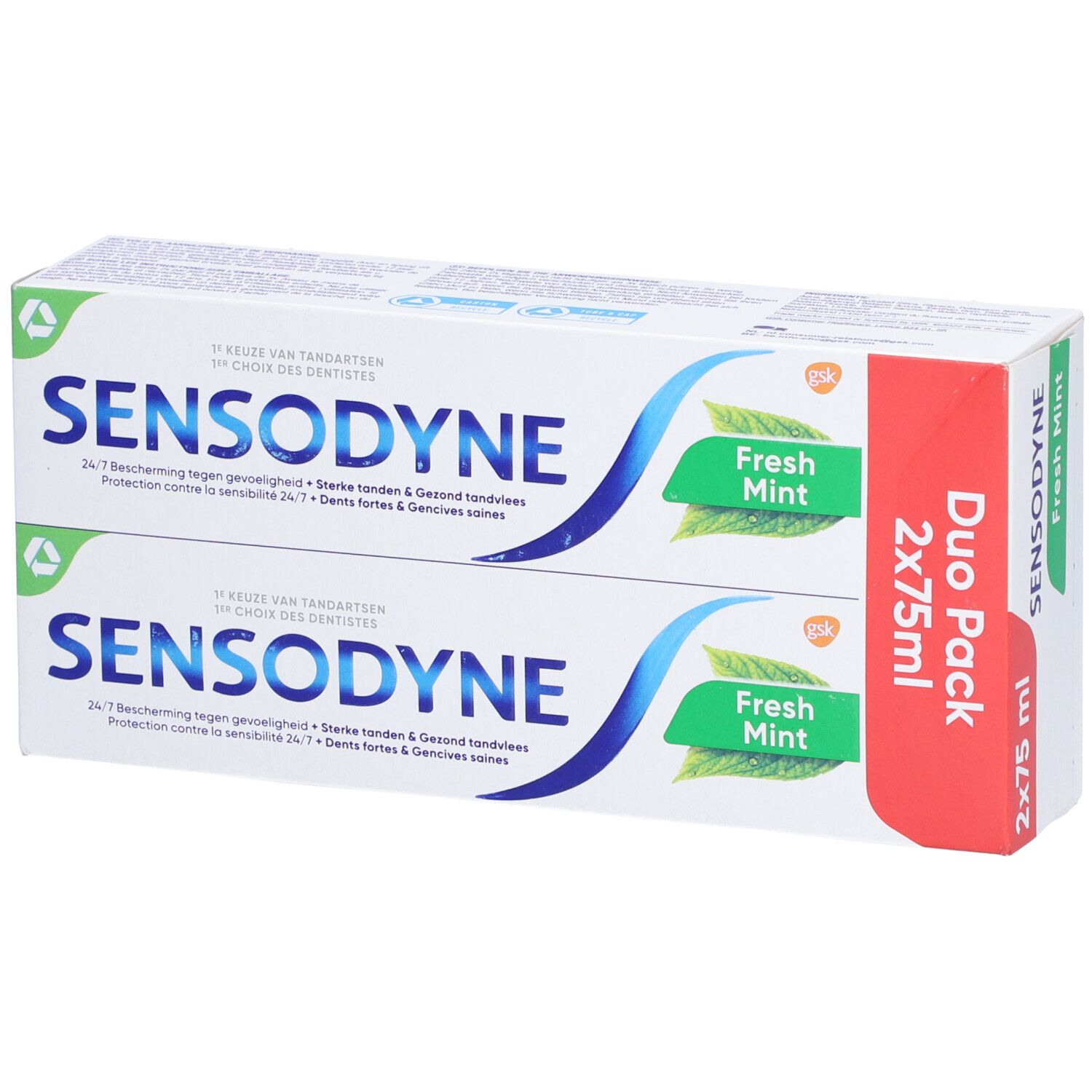 Duo-verpakking tandpasta. Twee tubes Sensodyne Fresh Mint in een witte doos met blauwe en groene accenten. Duo Pack 2x75ml.