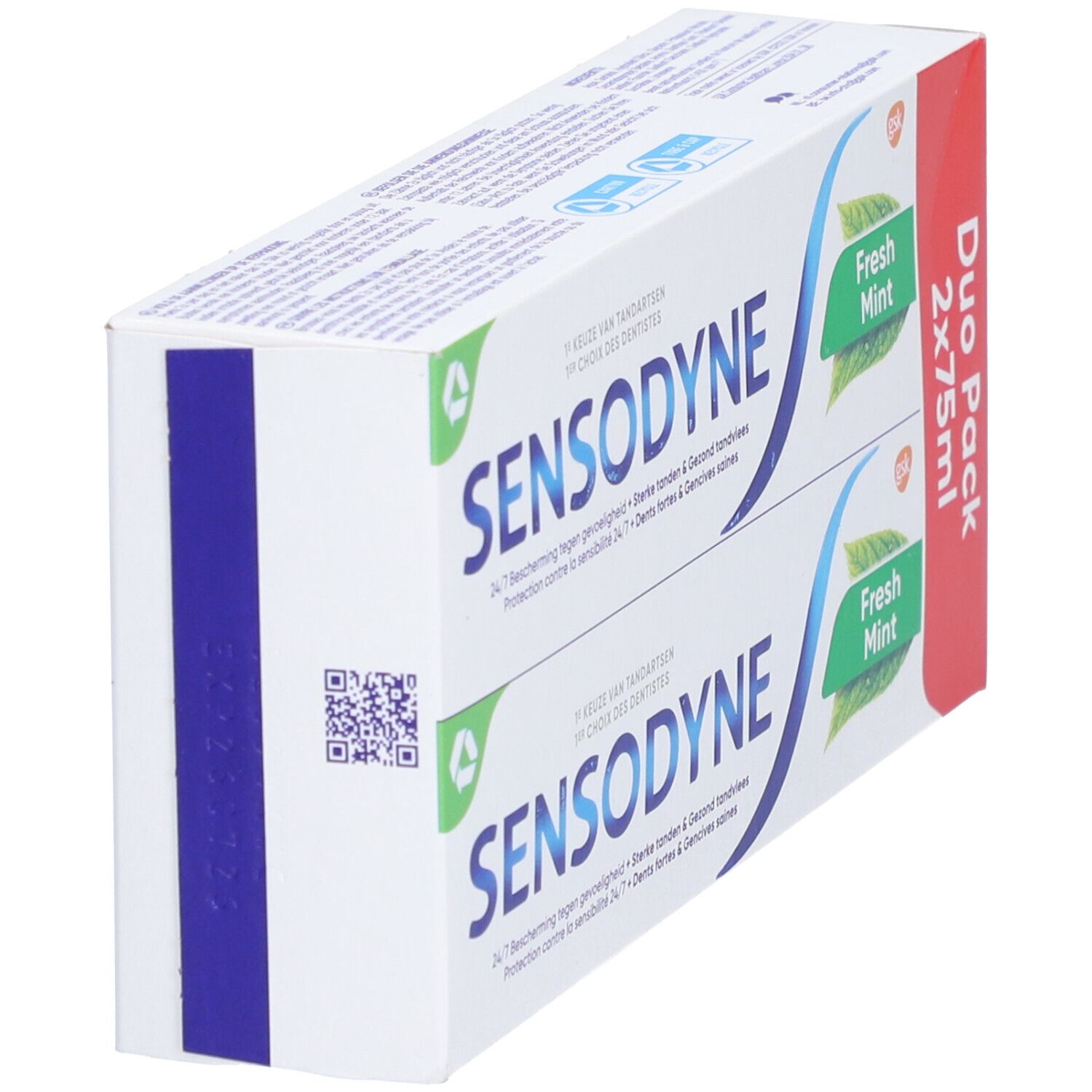 Duo-verpakking tandpasta. Twee tubes Sensodyne Fresh Mint in een witte doos. Duo Pack 2x75ml. QR-code op de zijkant.