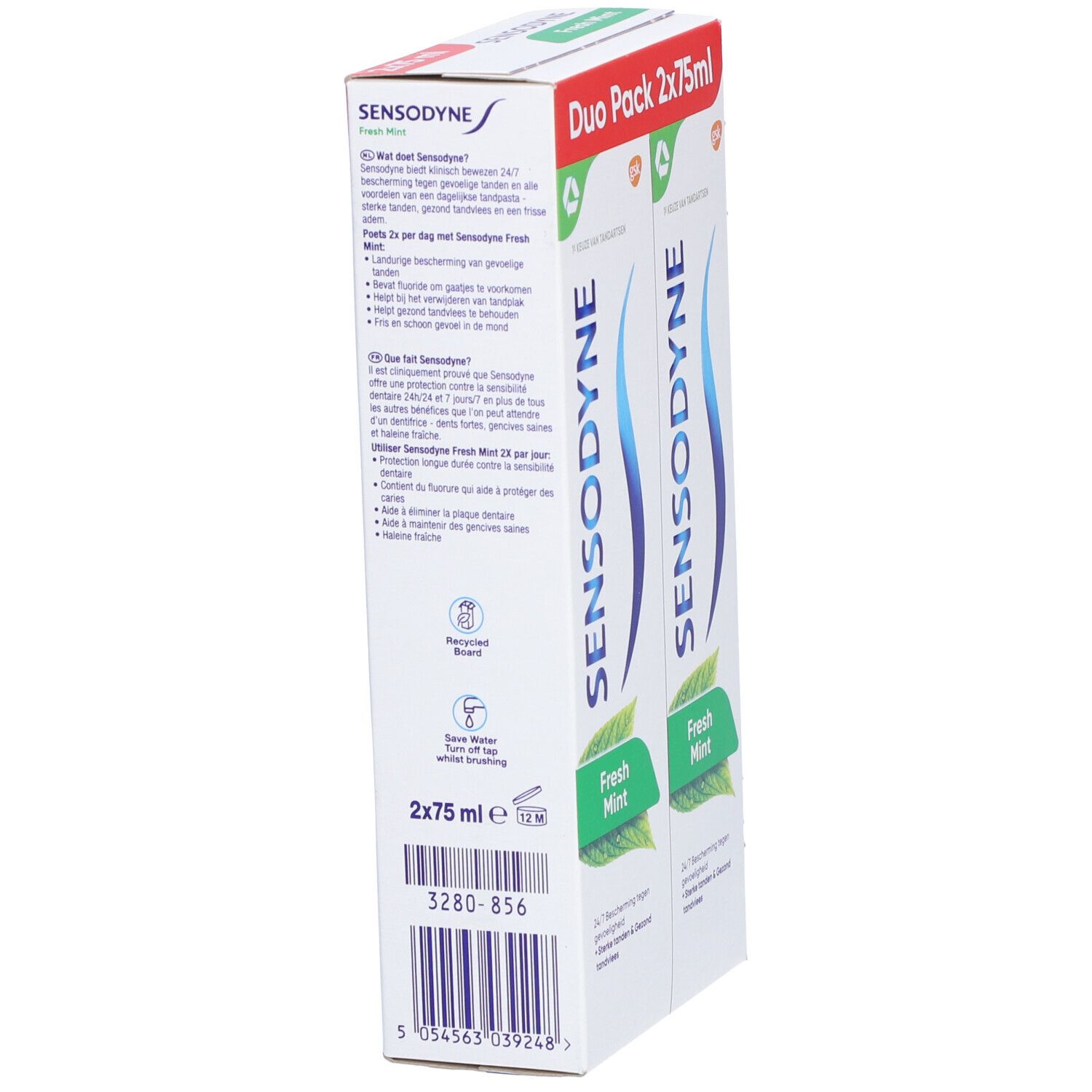 Duo-verpakking tandpasta. Twee tubes Sensodyne Fresh Mint in een witte doos. Duo Pack 2x75ml. Tekst op de achterkant.