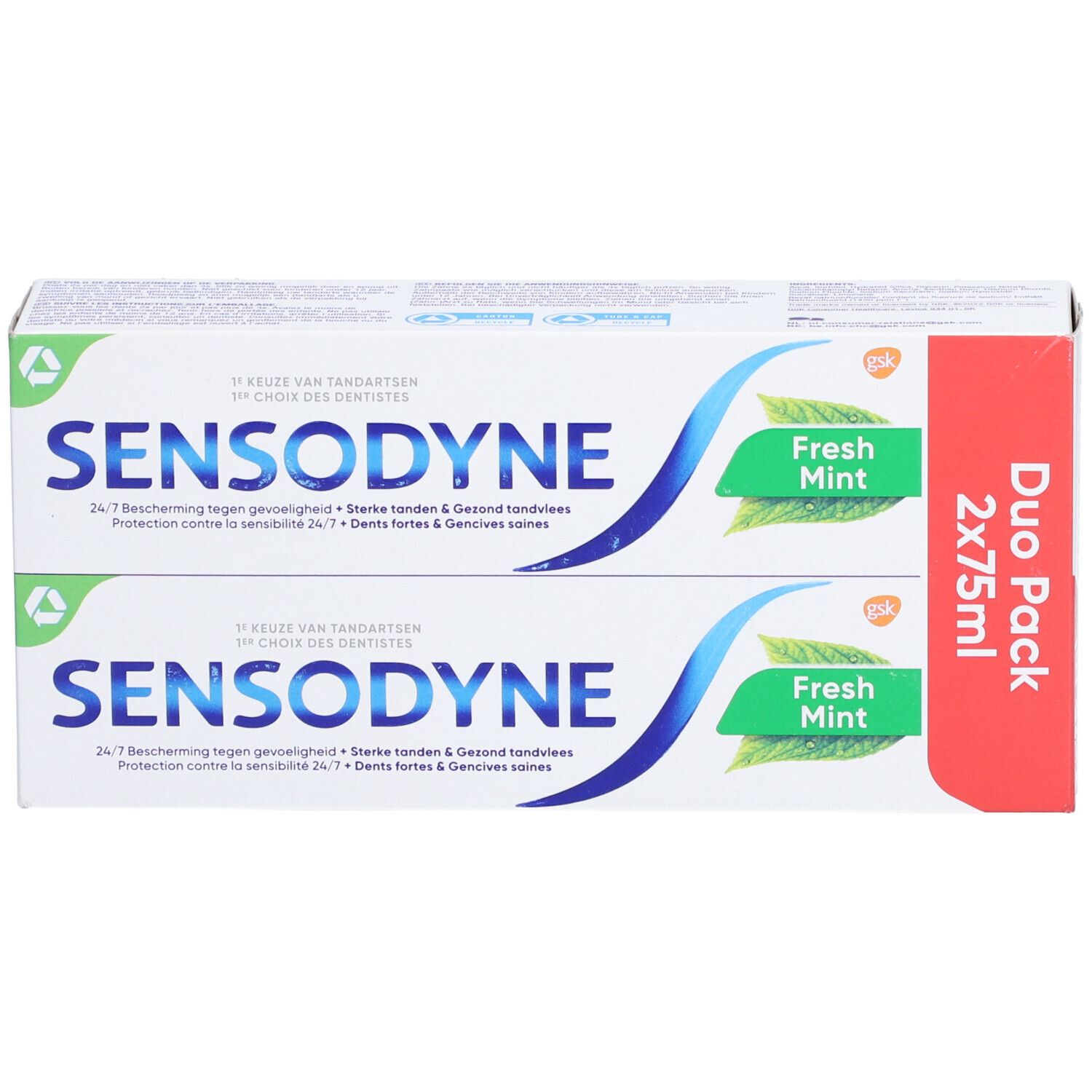 Duo-verpakking tandpasta. Twee tubes Sensodyne Fresh Mint in een witte doos met blauwe en groene accenten. Duo Pack 2x75ml.