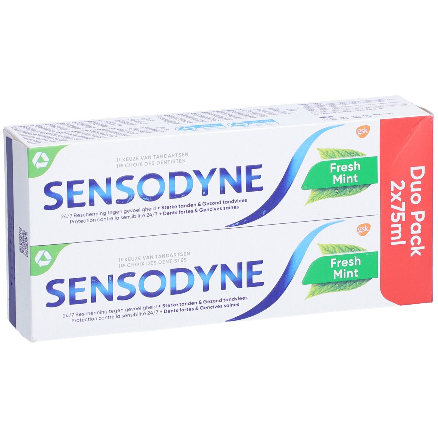 Duo-verpakking tandpasta. Twee tubes Sensodyne Fresh Mint in een witte doos met blauwe en groene accenten. Duo Pack 2x75ml.