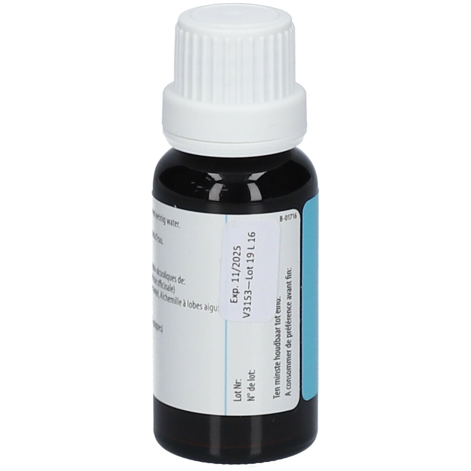 Bruine glazen fles met witte dop. Label met tekst en datums. Lichtblauwe achtergrond.