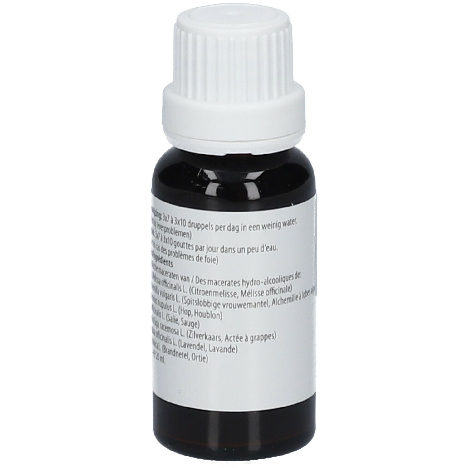 Bruine glazen fles met witte dop. Label met tekst. Lichtblauwe achtergrond.