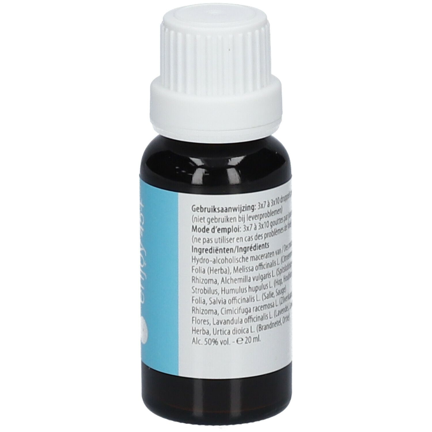 Bruine glazen fles met witte dop. Label met tekst. Lichtblauwe achtergrond.