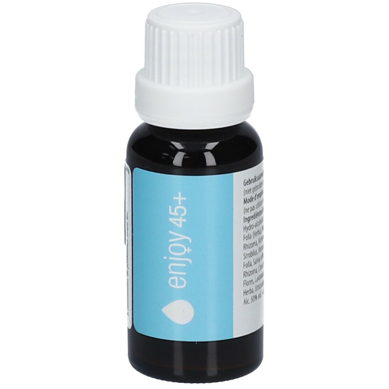 Bruine glazen fles met witte dop. Label met "enjoy 45+" en druppelsymbool. Lichtblauwe achtergrond.