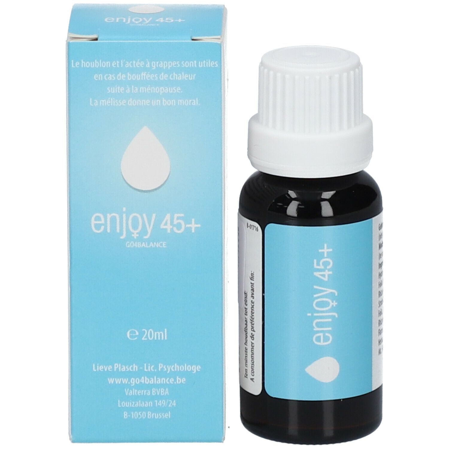 Productfles en doos. Doos met "enjoy 45+" en druppelsymbool. Lichtblauwe achtergrond.