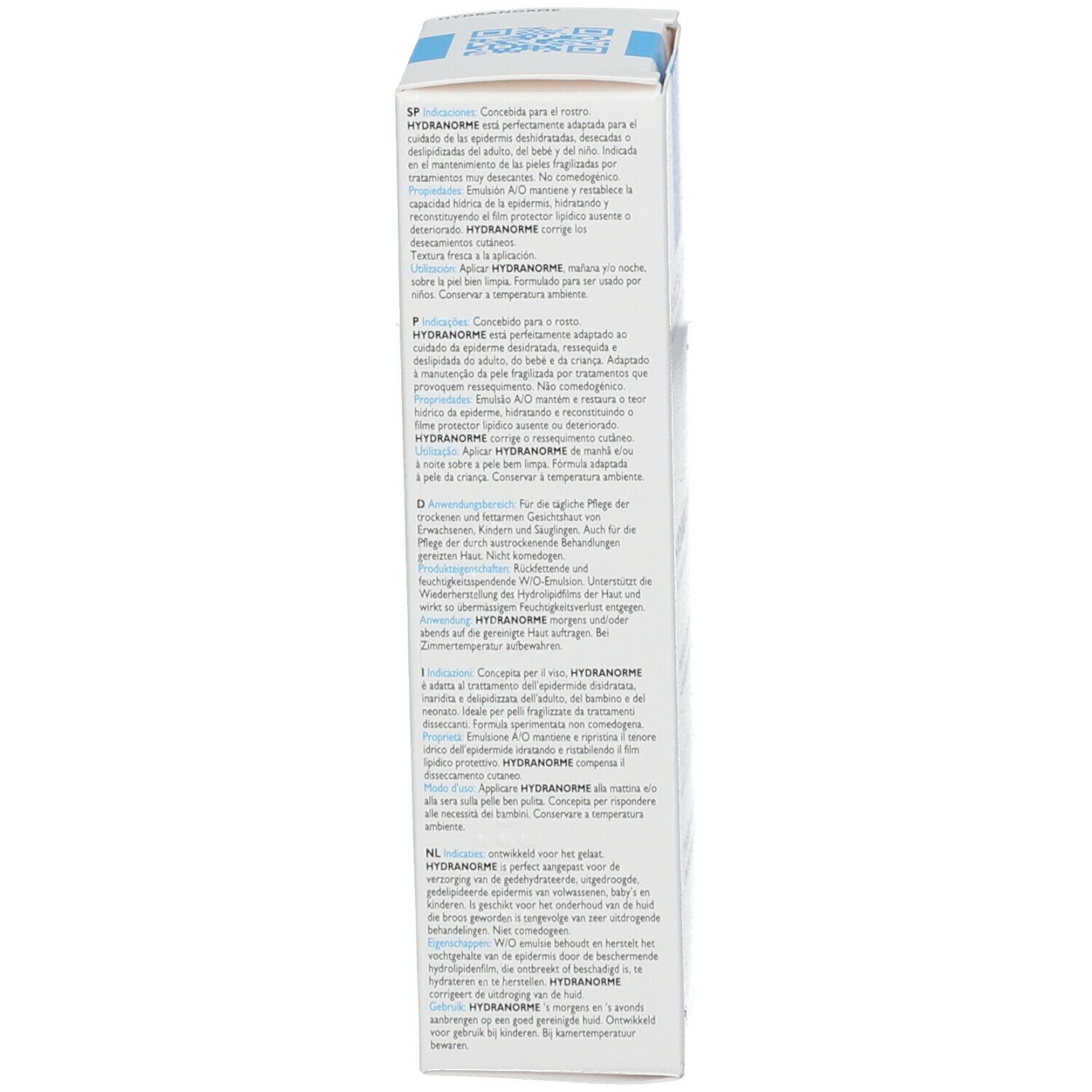 Côté de l'emballage du produit. Texte multilingue. Nom du produit: HYDRANORME. 40 ml.