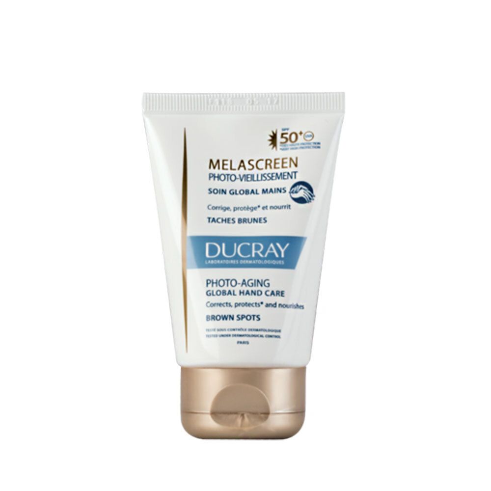 Creme-Tube mit Aufschrift MELASCREEN, PHOTO-VIEILLISSEMENT, SOIN GLOBAL MAINS. Goldfarbener Verschluss. LSF 50+.