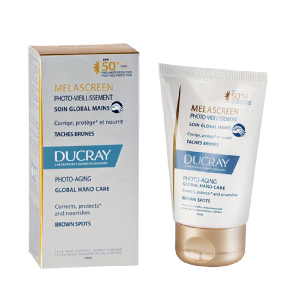 Produktverpackung mit Tube und Karton. Aufschrift MELASCREEN, PHOTO-VIEILLISSEMENT, SOIN GLOBAL MAINS. LSF 50+.