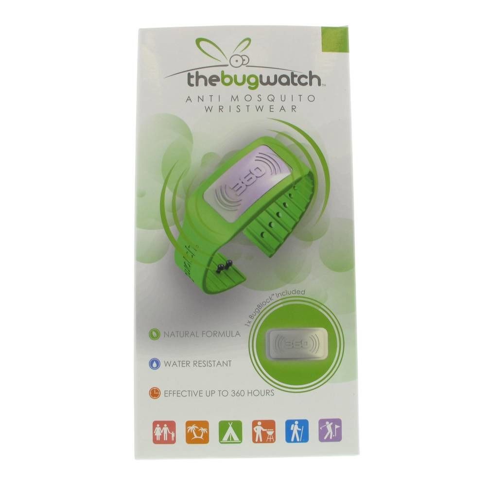 Bracelet vert avec boîtier blanc. Inscription : thebugwatch, bracelet anti-moustiques. Emballage avec logos et texte.