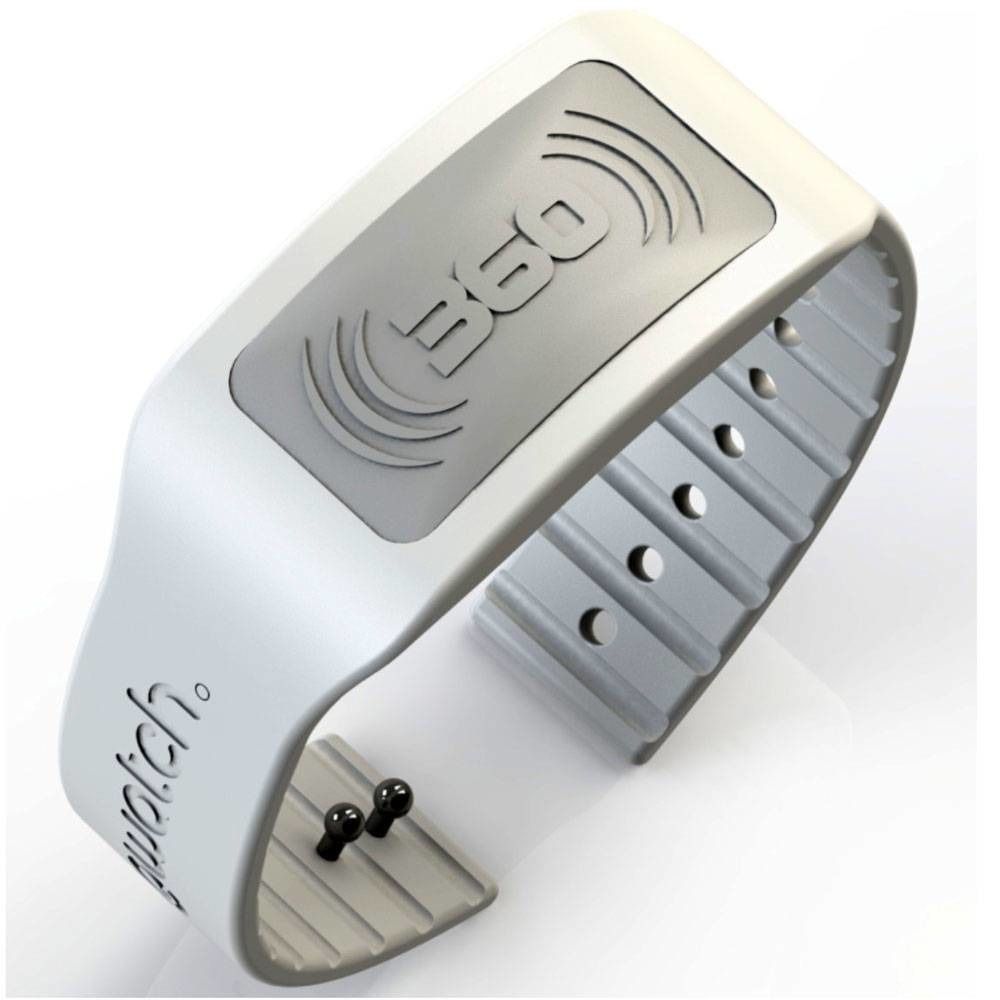 Bracelet blanc avec élément rectangulaire. Le logo "B60" est visible sur l'élément. Le bracelet comporte des trous et deux broches noires.