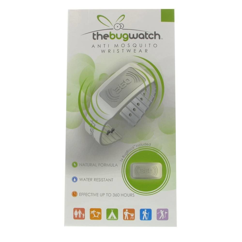 Emballage avec le produit. L'emballage porte la mention "thebugwatch" et "ANTI MOSQUITO WRISTWEAR". Le produit est blanc.
