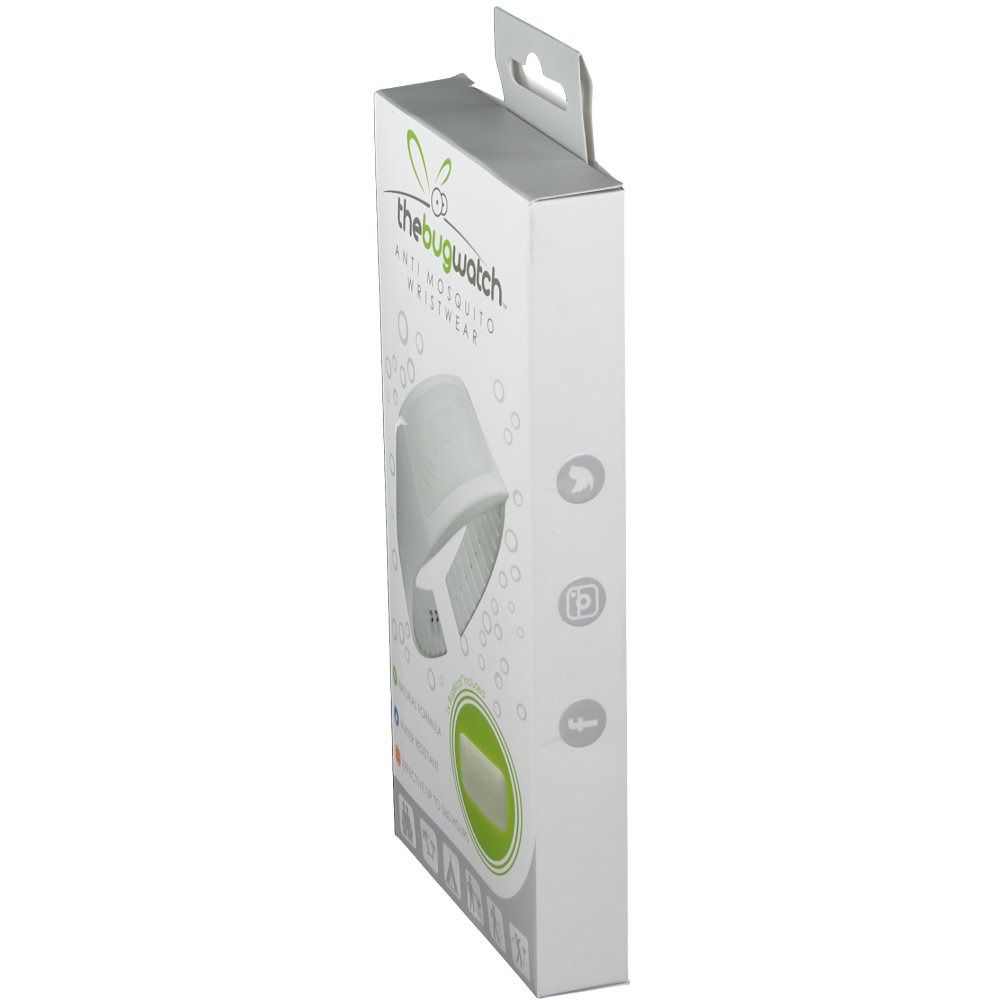 Vue latérale de l'emballage du produit. L'emballage porte la mention "thebugwatch" et "ANTI MOSQUITO WRISTWEAR".