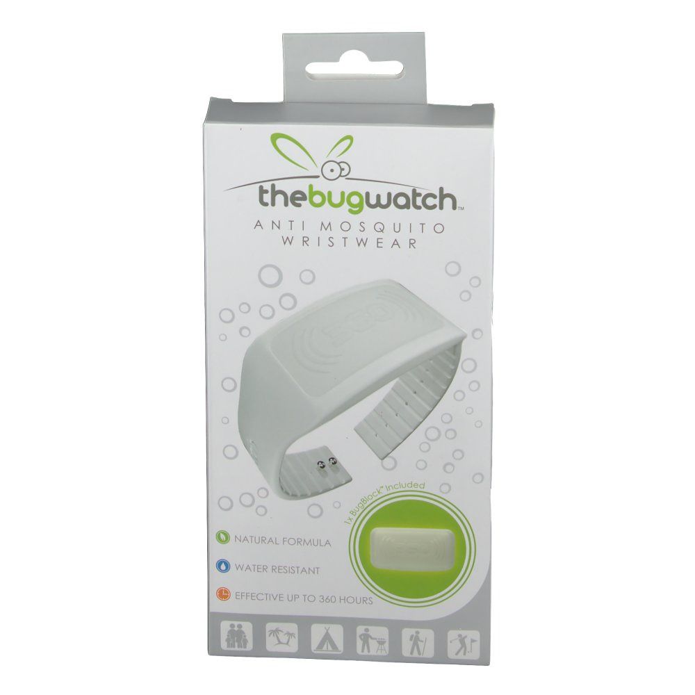 Emballage du produit avec le produit. L'emballage porte la mention "thebugwatch" et "ANTI MOSQUITO WRISTWEAR".