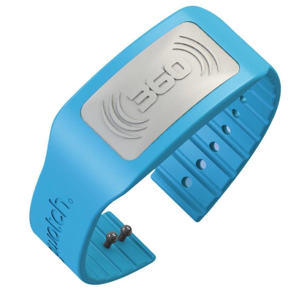 Bracelet bleu avec plaque argentée. Le logo B60 est visible sur la plaque. Le bracelet comporte des trous.